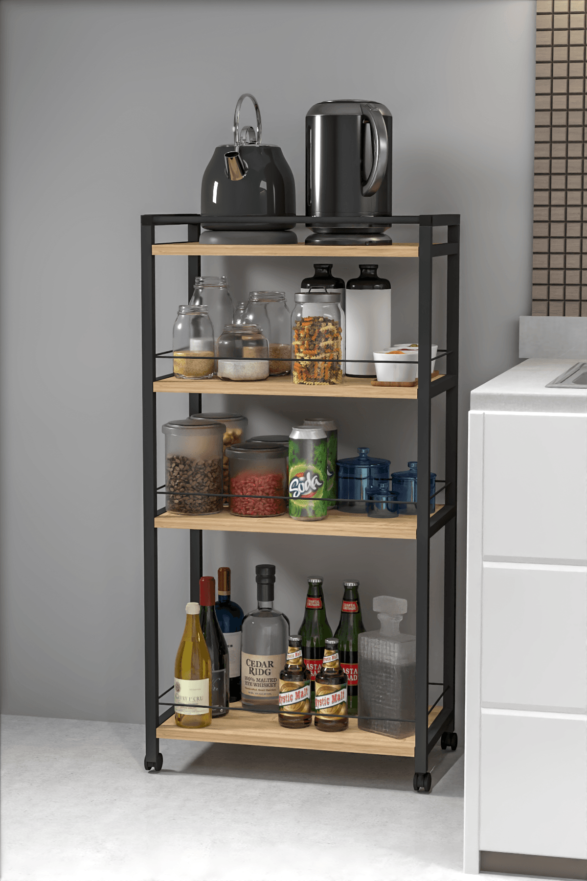 NEVA| Tekerlekli Metal Kiler Düzenleyici | 4 Raflı Kiler Banyo Metal Organizer - Çam
