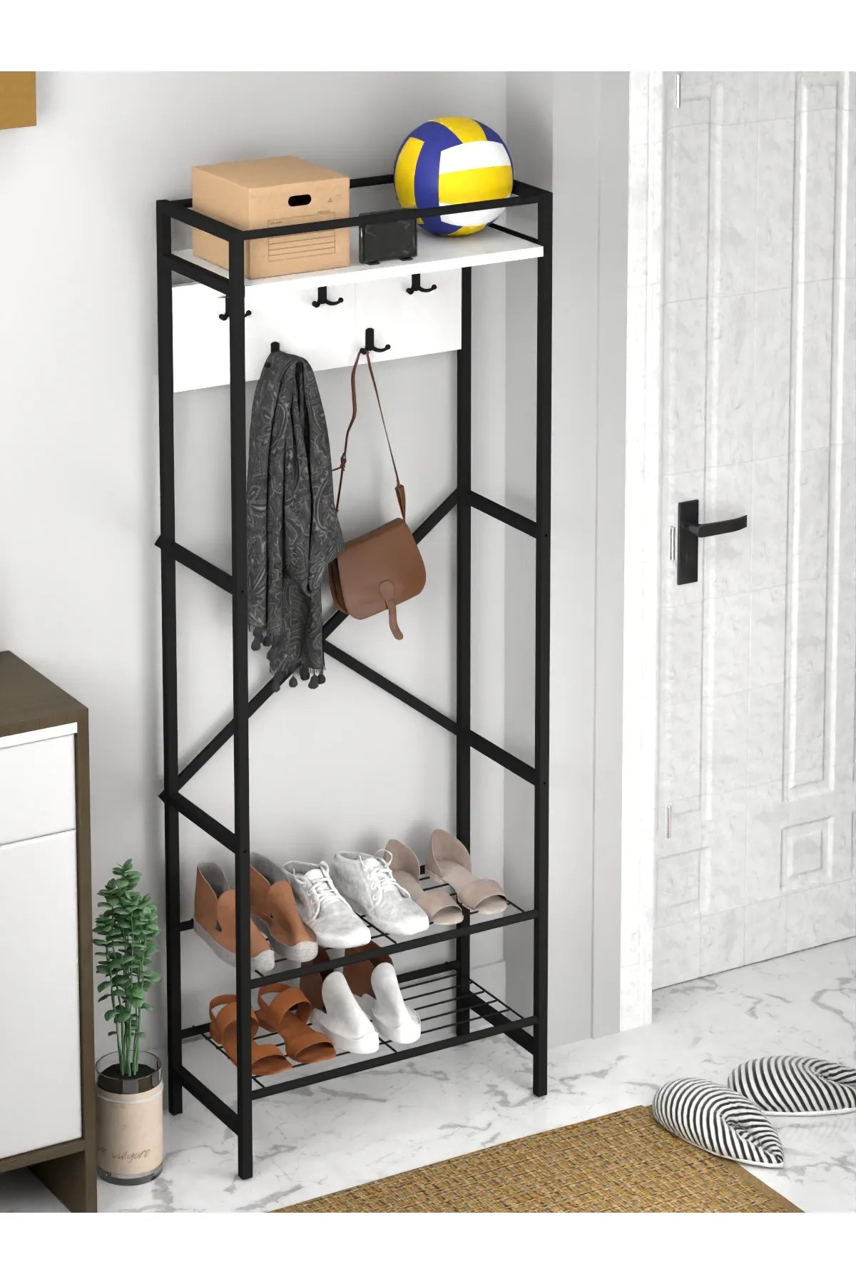 PORTO | Metal Portmanto | Vestiyer Ayakkabılık | 3 Raflı Askılı Portmanto - Beyaz