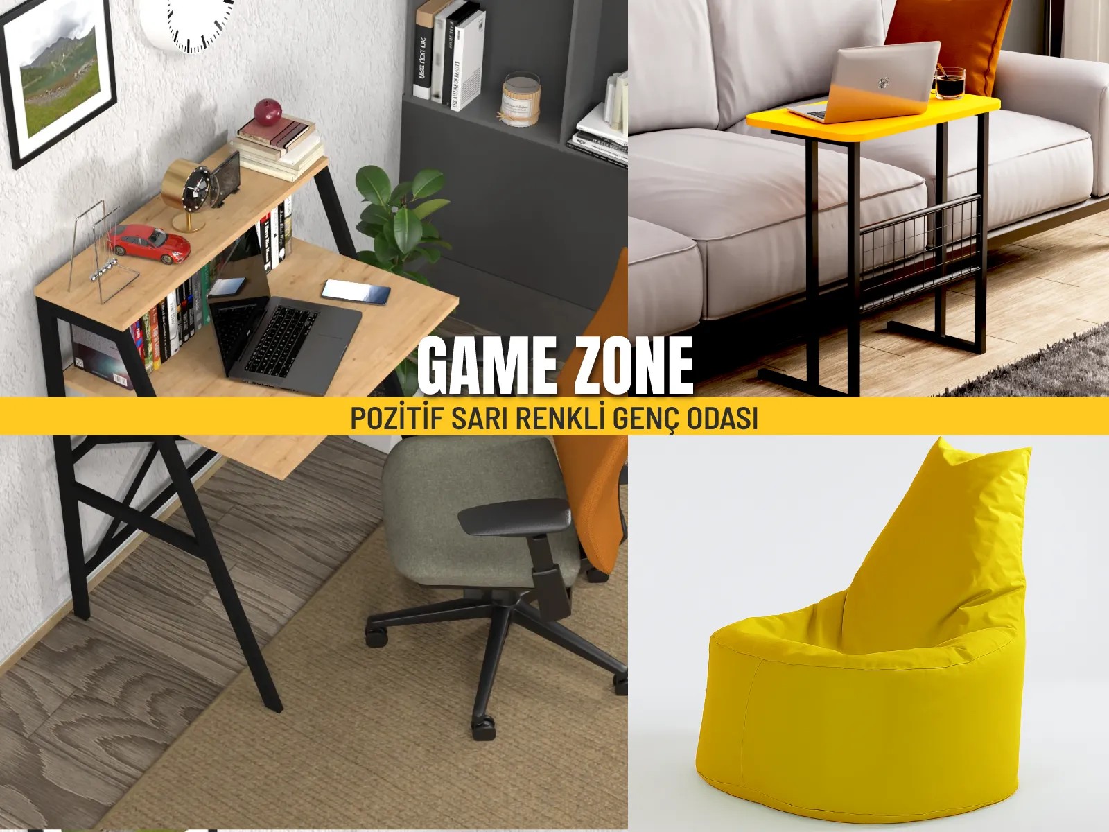 GAME ZONE Genç Odası Tasarımı | Oyuncu Odaklı Dekorasyon | Gamer Tasarım Genç Odası 3 Parça - Pozitif Sarı