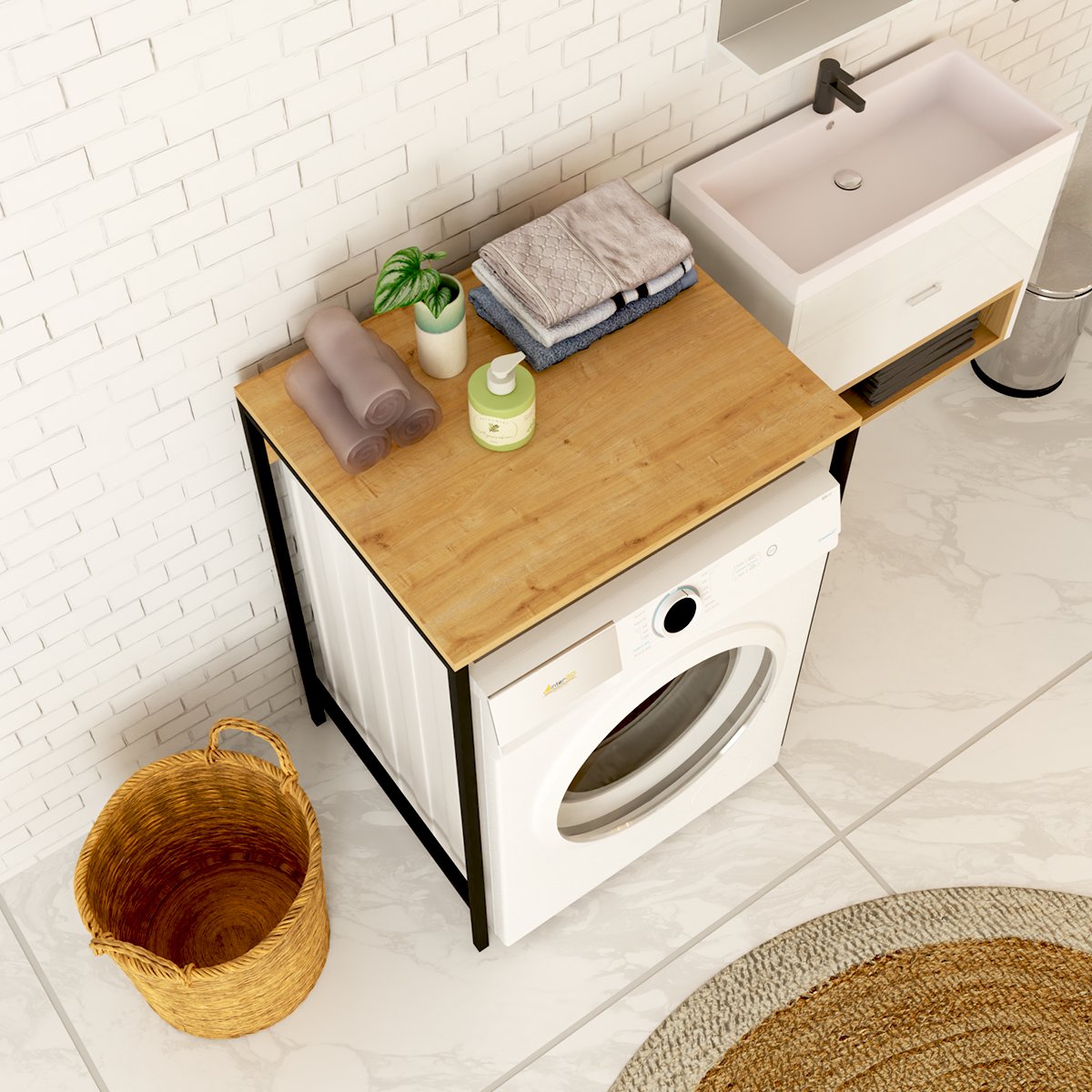 BENA | Çamaşır Makinesi Üstü Düzenleyici | Kurutma Makinesi Üstü Geniş Organizer - Safir Meşe