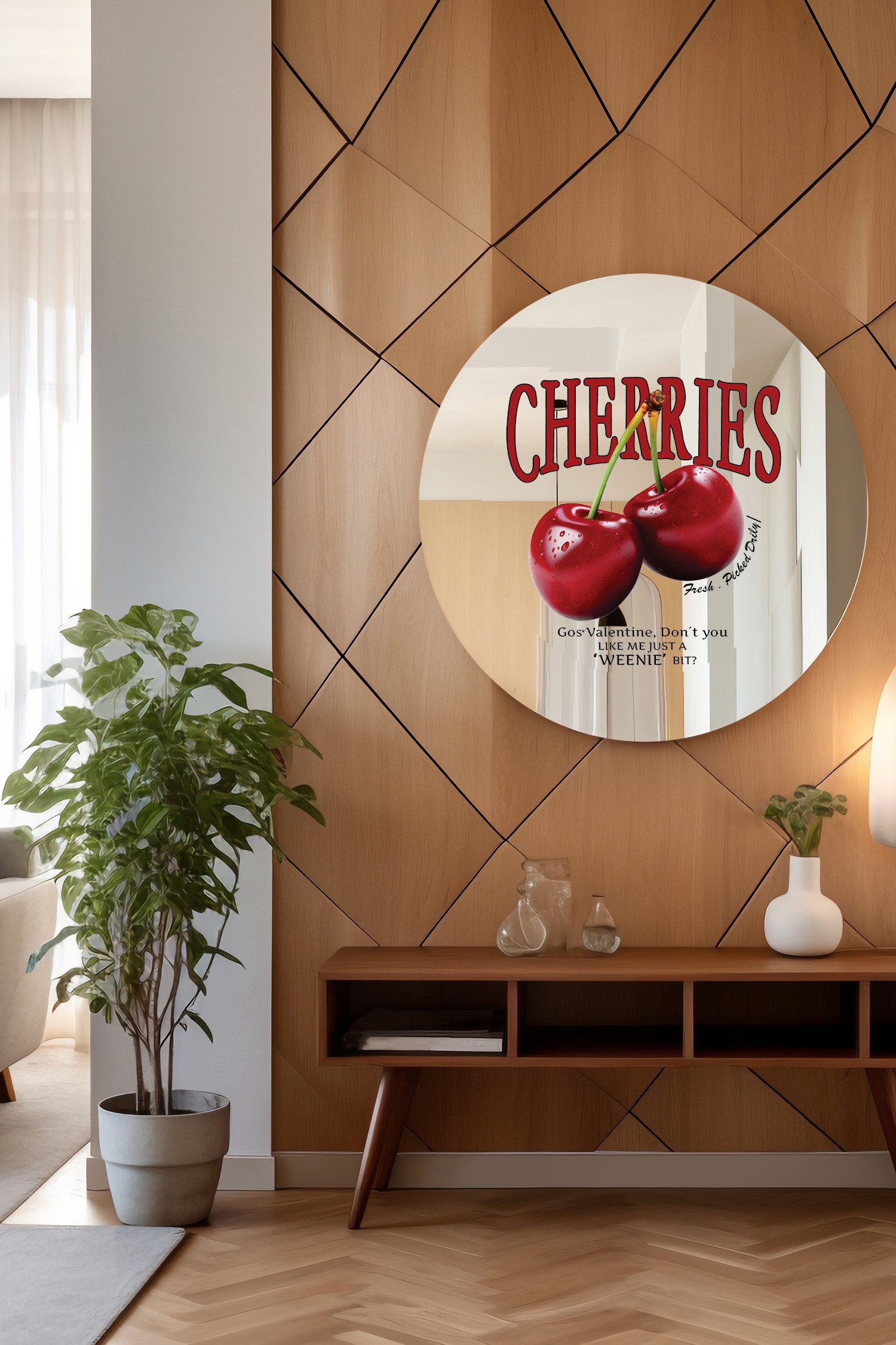 MORA Serisi Yuvarlak Ayna | Dekoratif Ayna | Özel Tasarım Baskılı Ayna - Cherries