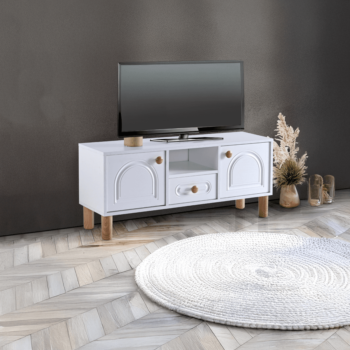 BOHEM Televizyon Sehpası 120 cm | 3 Kapaklı Tv Sehpası - Beyaz