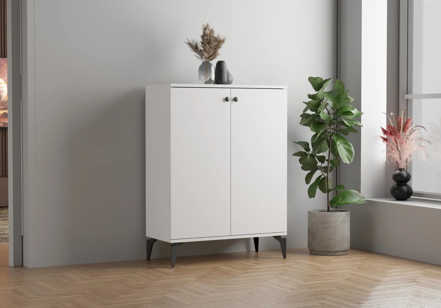 DORA Kapaklı Antre Dolabı | Çok Amaçlı Raflı Dolap | 70 cm Modern Ayakkabılık  - Beyaz