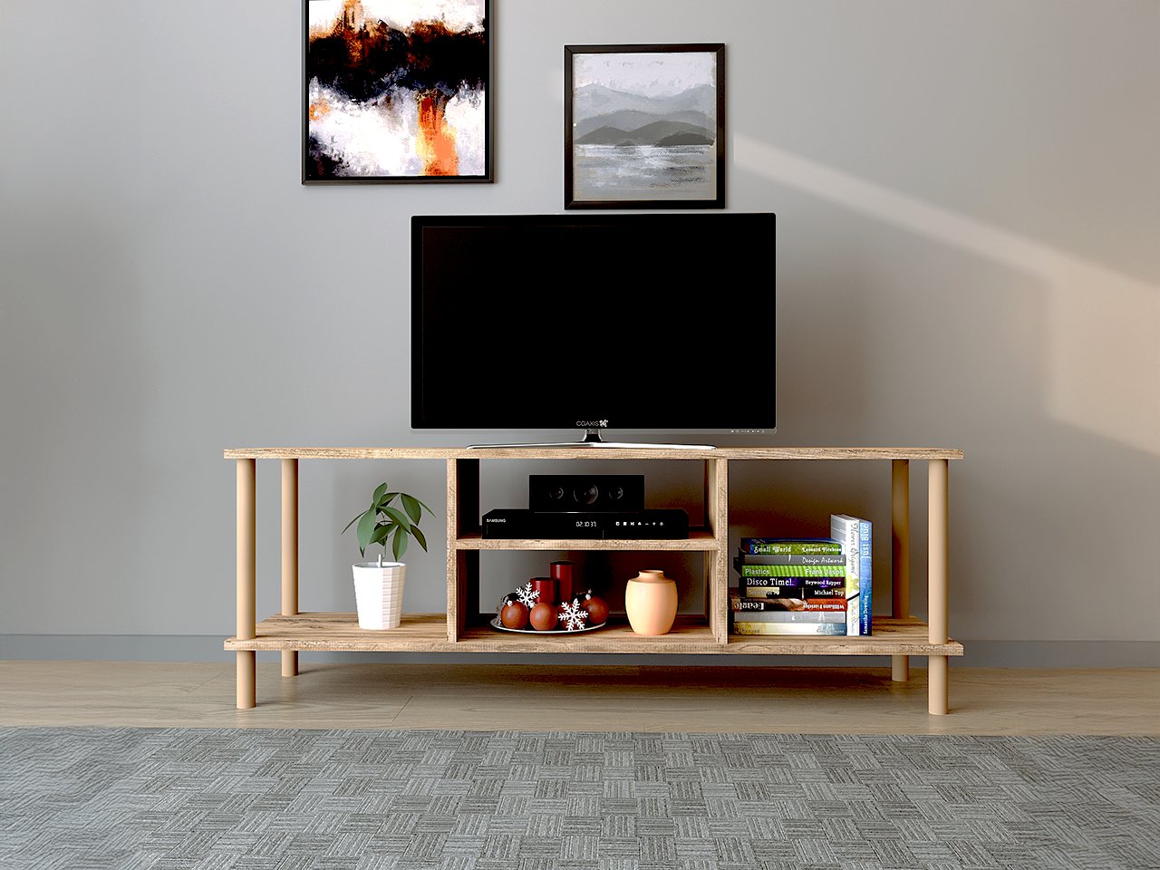 TİVO Modern Televizyon Sehpası 120 cm | Ahşap Ayaklı Raflı Tv Sehpası - Çam