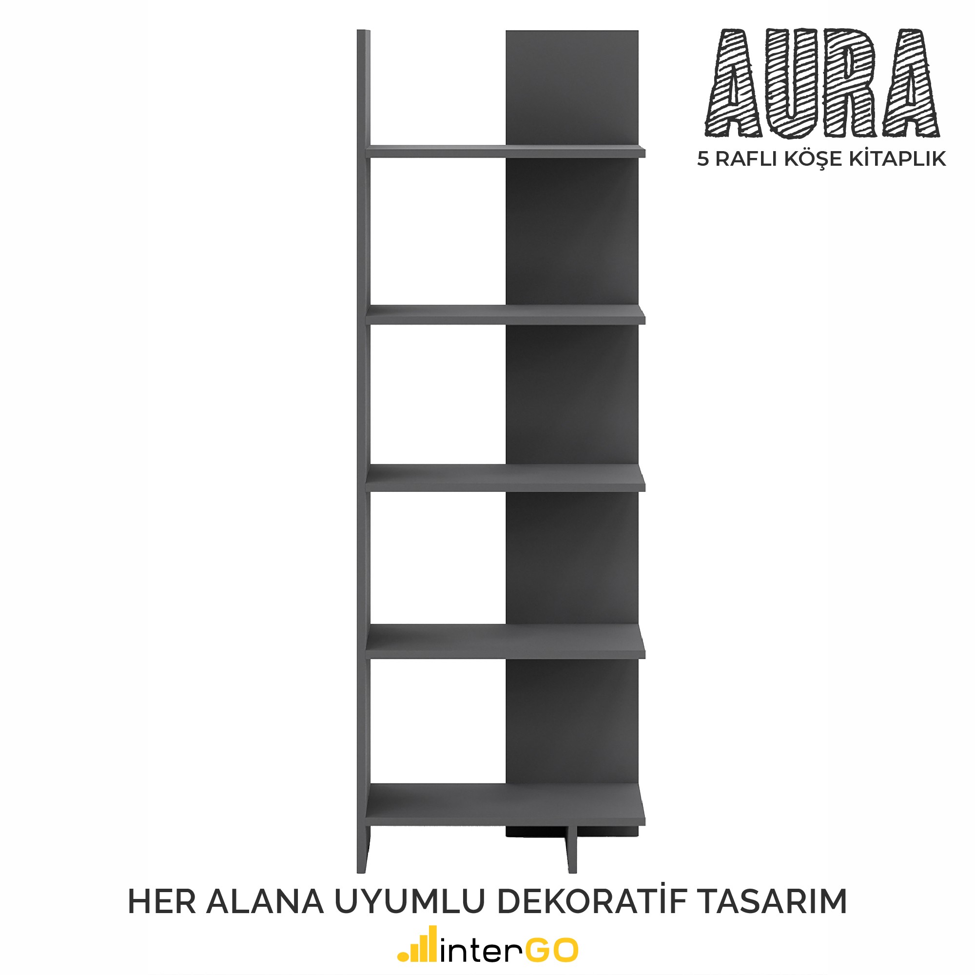AURA 5 Raflı Kitaplık | Köşe Kitaplık | Asimetrik - Antrasit