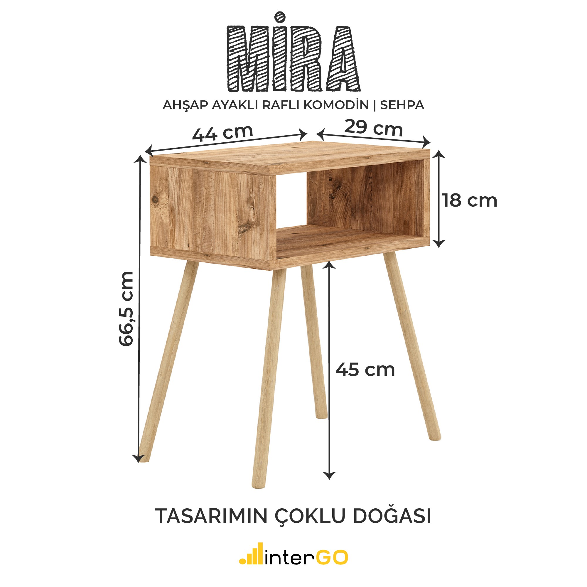 MİRA | Raflı Komodin | Ahşap Ayaklı