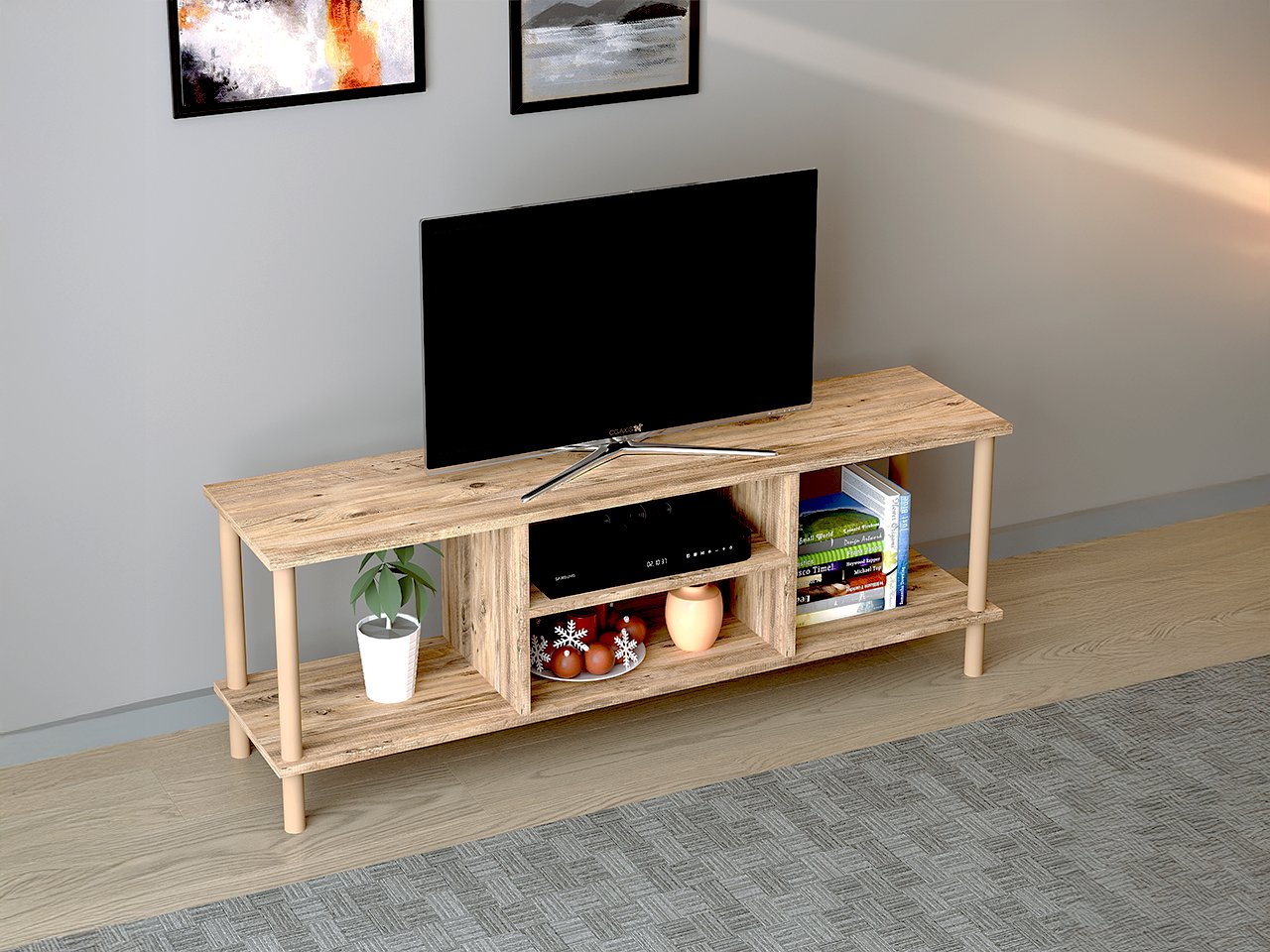 TİVO Modern Televizyon Sehpası 120 cm | Ahşap Ayaklı Raflı Tv Sehpası - Çam