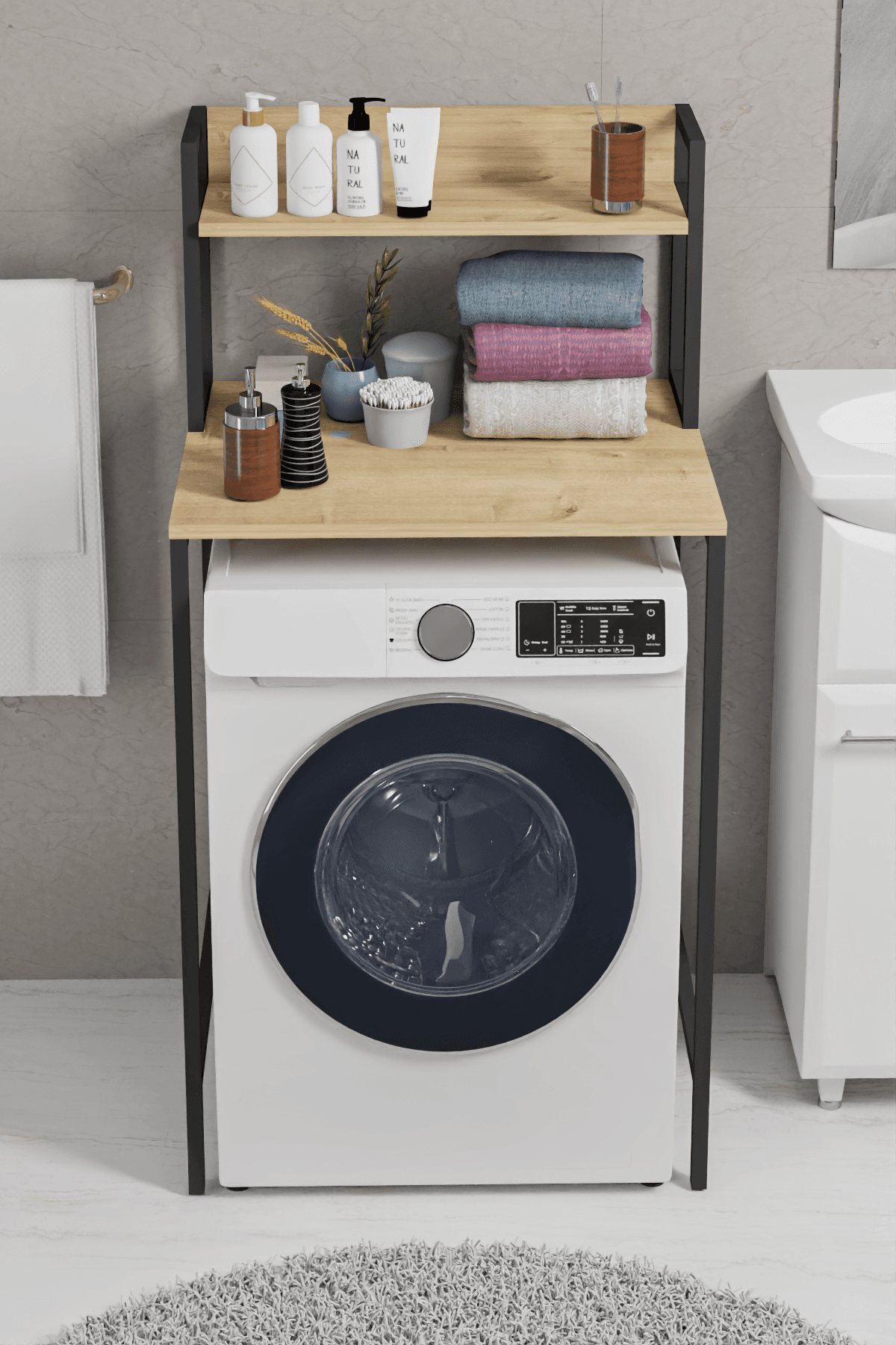BANO | Çamaşır Makinesi Üstü Organizer | Mini Buzdolabı Üstü Organizer Ahşap Raflı