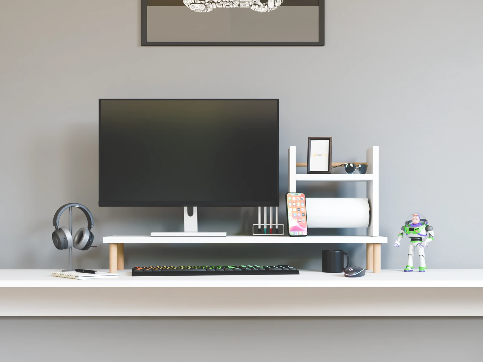 SETO Masaüstü Organizer Set / Monitör Yükseltici Stand / Havluluklu Raf - Beyaz