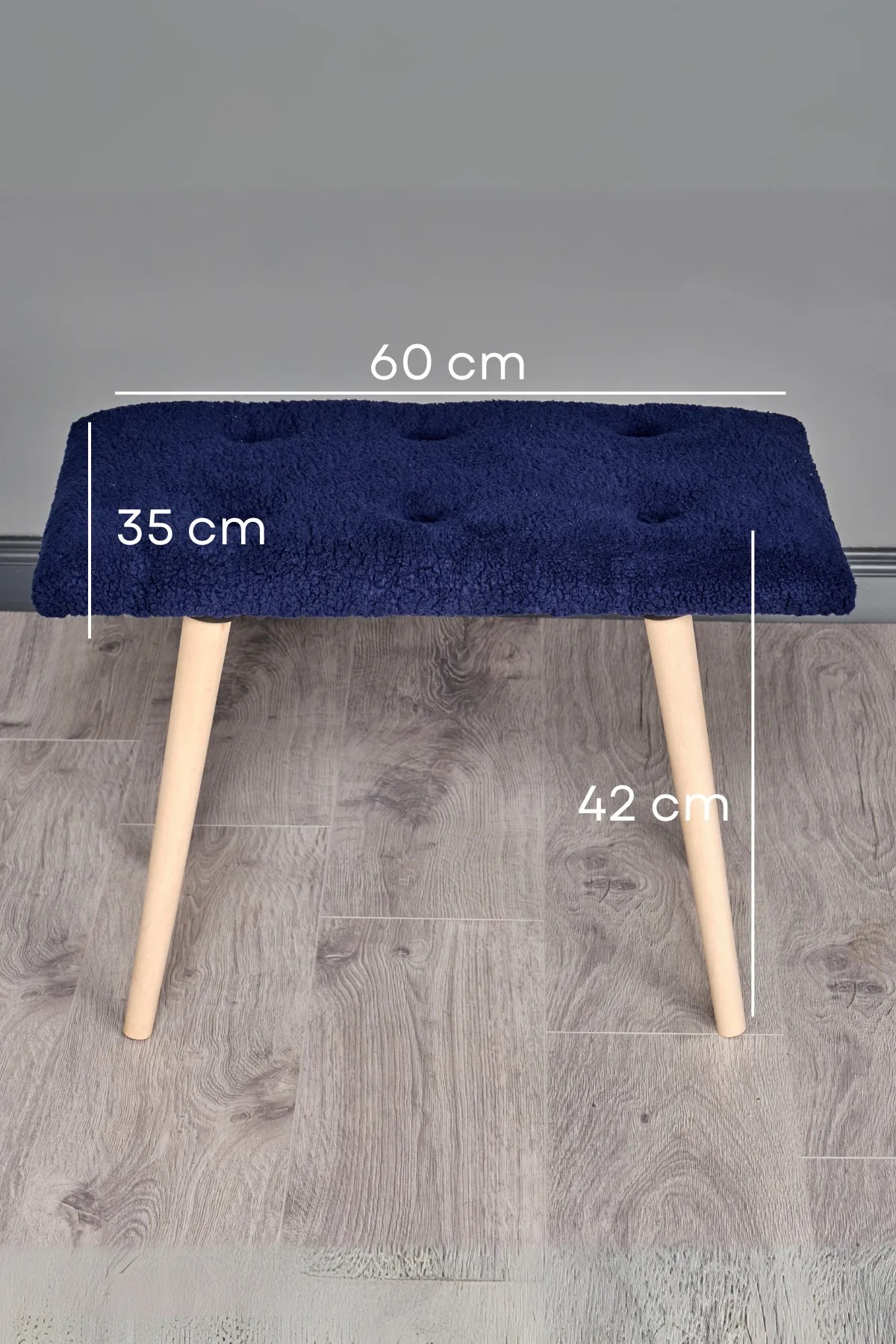 BENK Ahşap Ayaklı Retro  Puf | Kuzu Tüyü Bench Koltuk | Makyaj Pufu - Koyu Mavi