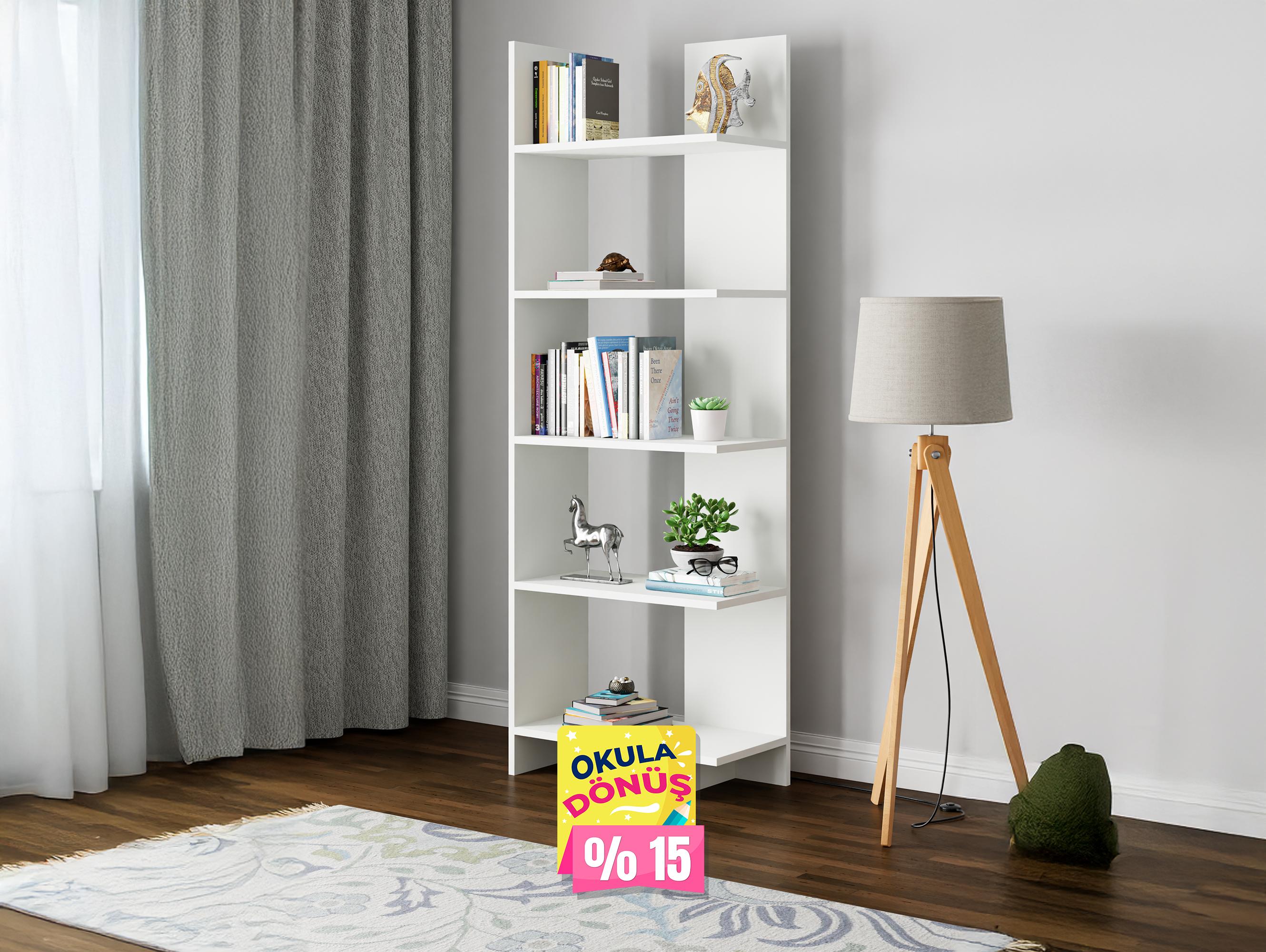 AURA 5 Raflı Kitaplık | Köşe Kitaplık | Asimetrik - Beyaz