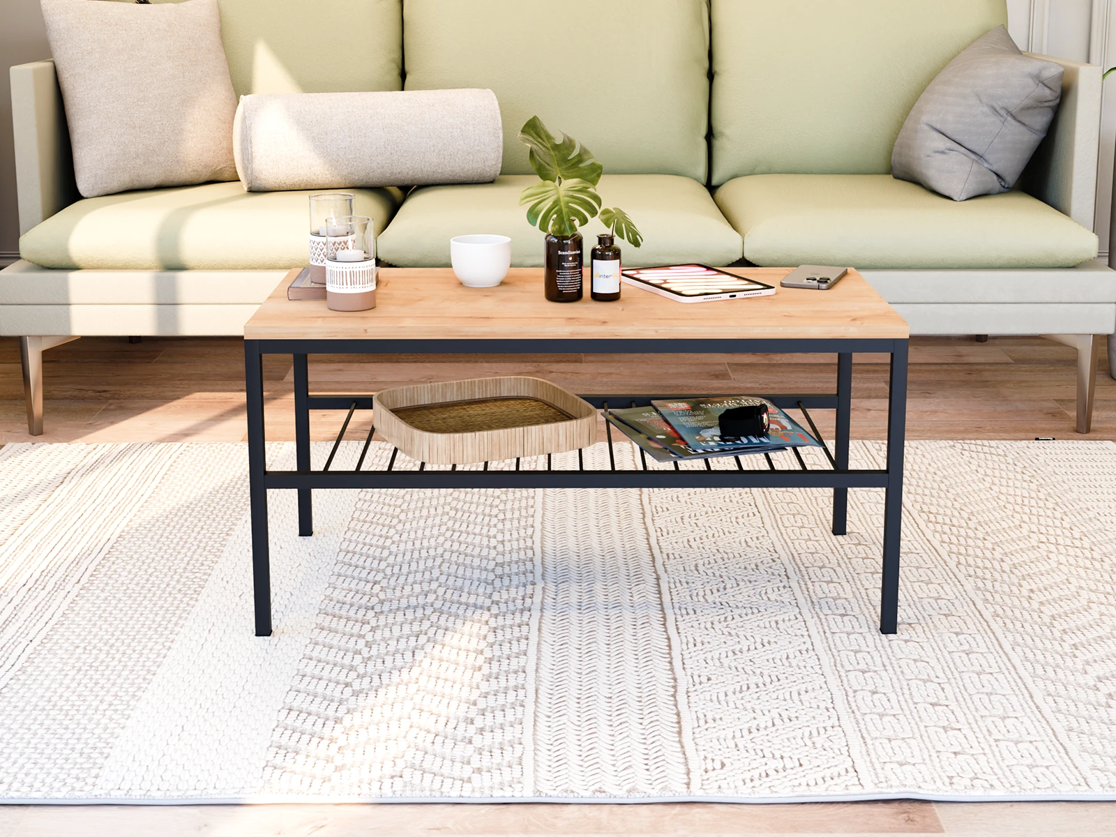 OMVO Metal Orta Sehpa | 2 Raflı Orta Sehpa - Safir Meşe