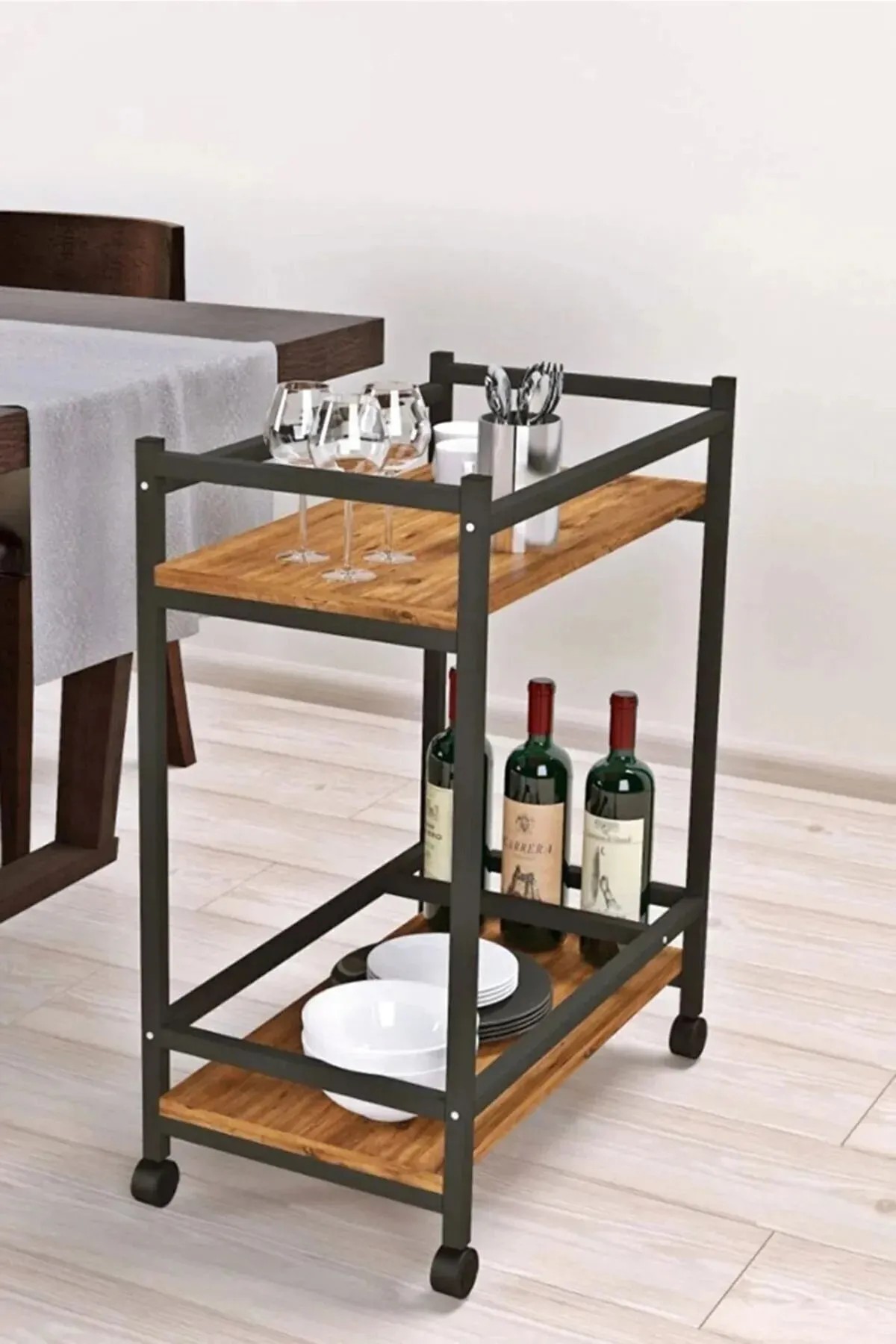 SERVO | Tekerlekli Servis Sunum Arabası | Şişe Bölmeli Servant | Servis Sehpası