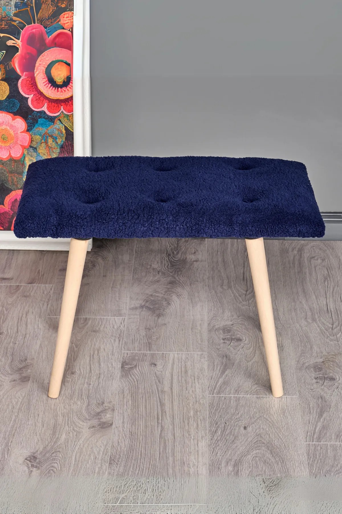 BENK Ahşap Ayaklı Retro  Puf | Kuzu Tüyü Bench Koltuk | Makyaj Pufu - Koyu Mavi
