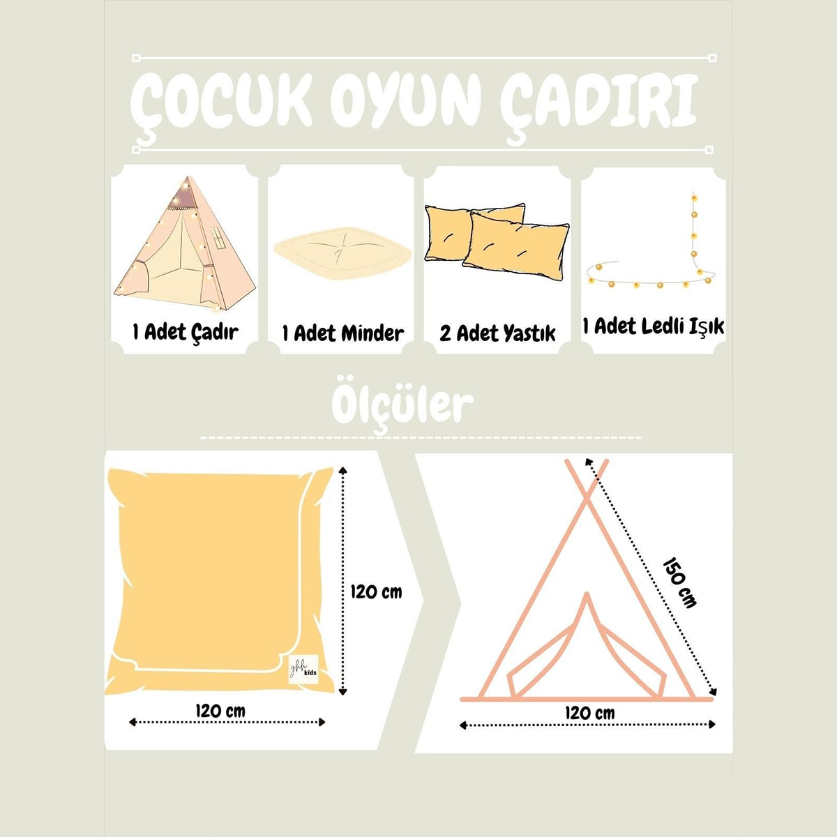 KİDO Işıklı Çocuk Oyun Çadırı | Ahşap Ayaklı Kızıldereli Çadırı Oyun Evi - Pembe