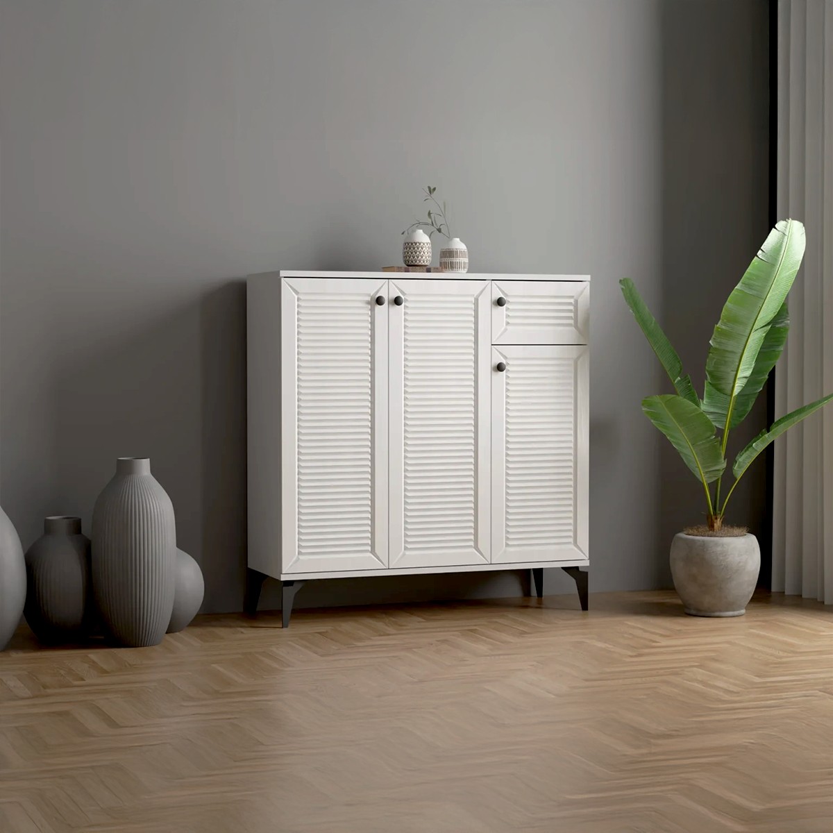 VERTA XL 3 Kapaklı Antre Dolabı | Çok Amaçlı Raflı Dolap | 105 cm MDF Kapaklı Bohem Ayakkabılık - Beyaz