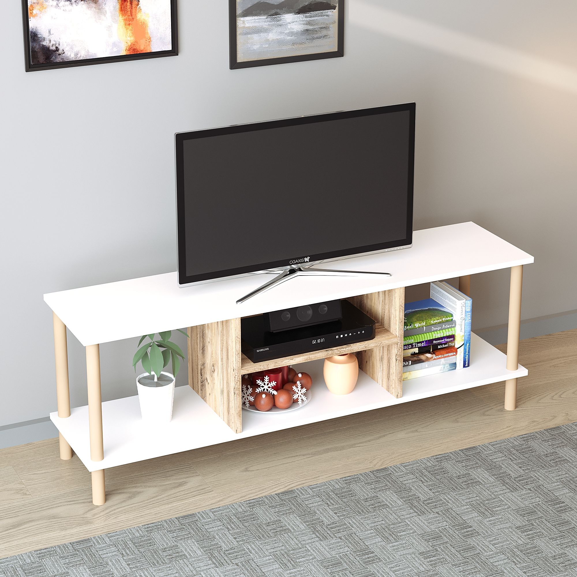 TİVO Modern Televizyon Sehpası 120 cm | Ahşap Ayaklı Raflı Tv Sehpası - Beyaz - Çam