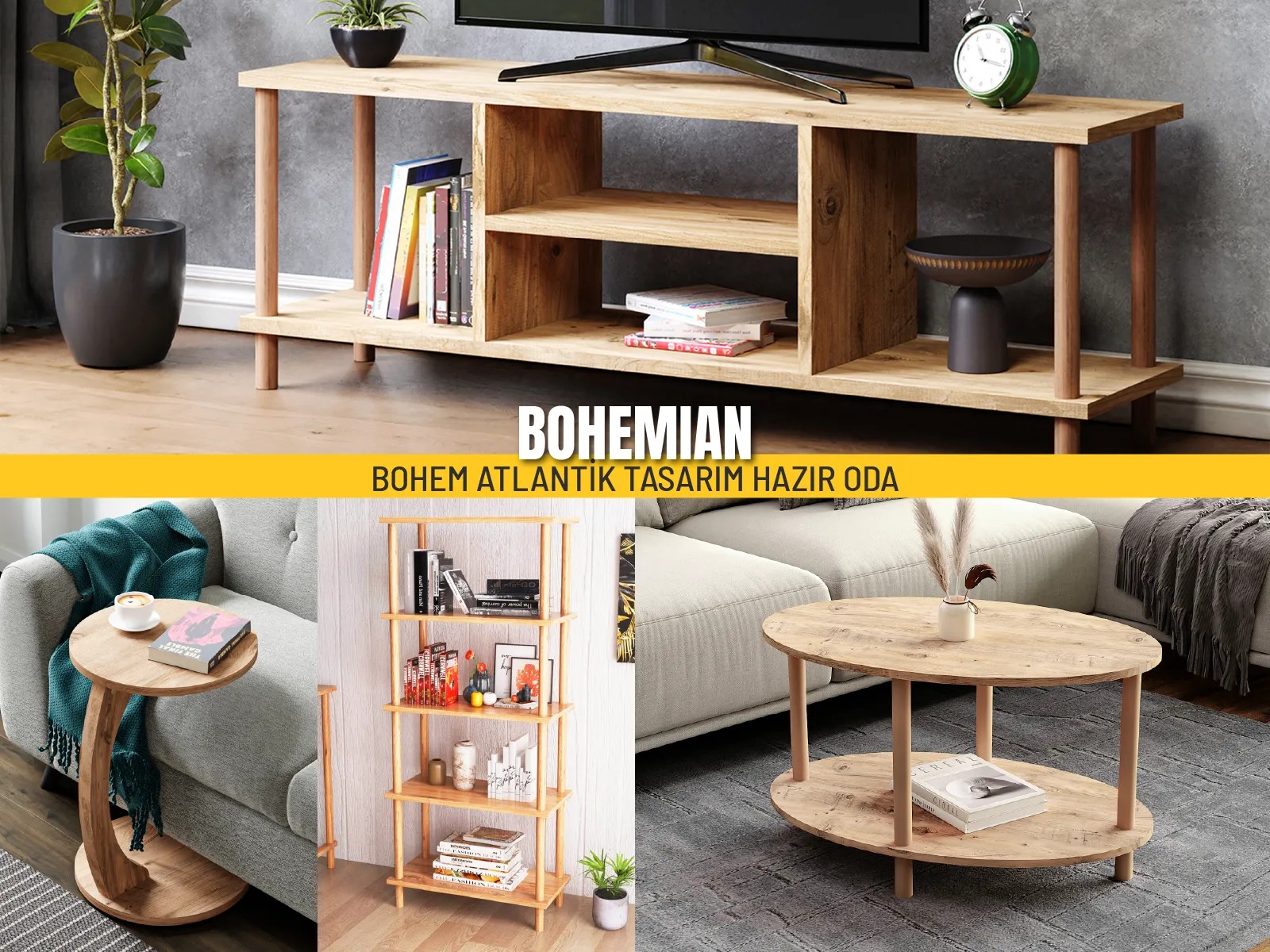 BOHEMIAN Oda Tasarımı | Bohem Dekorasyon | Tasarım Oturma Odası 4 Parça Mobilya - Bohem - Çam
