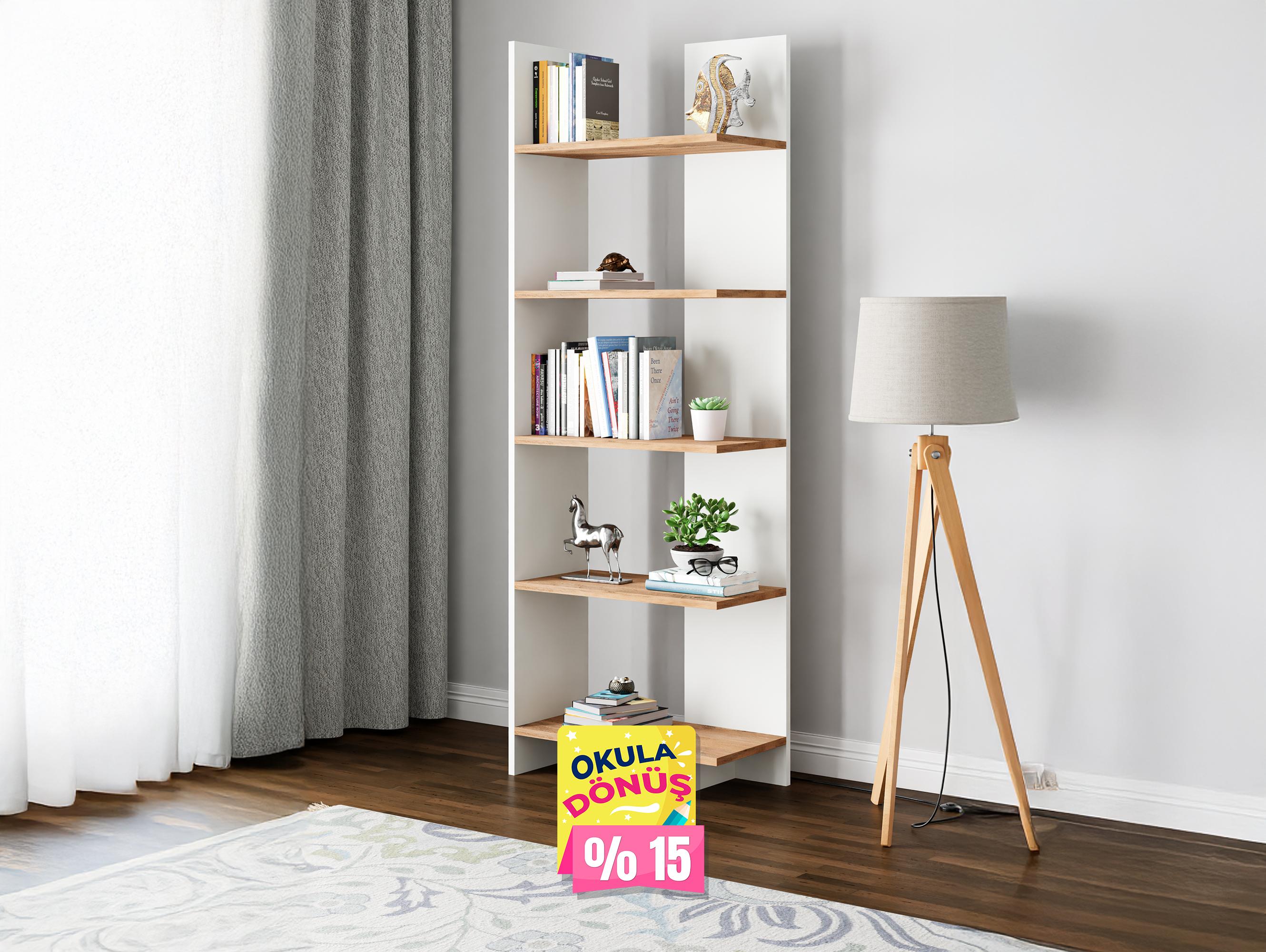 AURA 5 Raflı Kitaplık | Köşe Kitaplık | Asimetrik - Beyaz - Çam