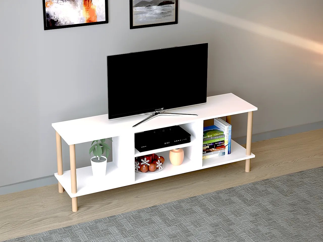 TİVO Modern Televizyon Sehpası 120 cm | Ahşap Ayaklı Raflı Tv Sehpası - Beyaz