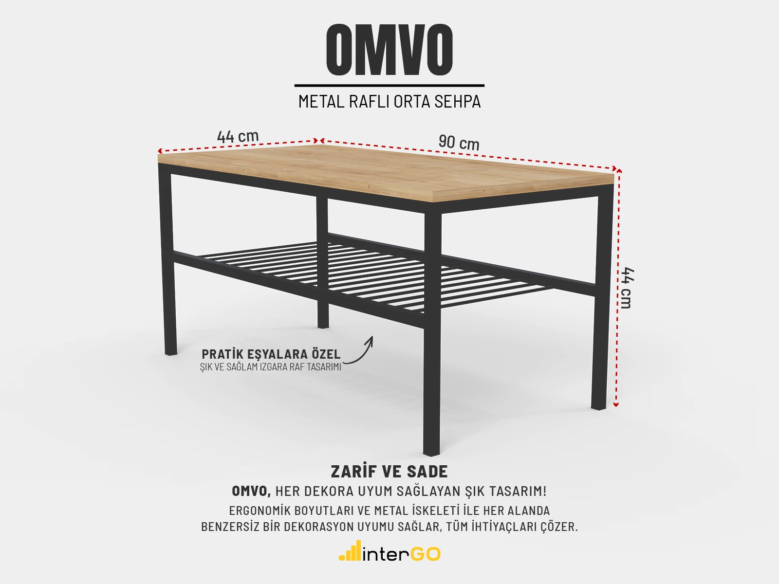 OMVO Metal Orta Sehpa | 2 Raflı Orta Sehpa - Safir Meşe