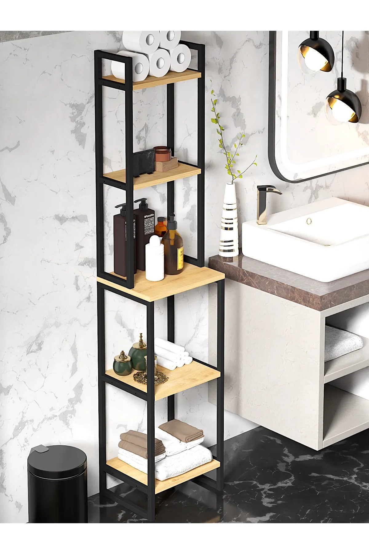 ORGO | 5 Raflı Banyo Düzenleyici | Metal Mutfak Rafı | Çok Amaçlı Organizer - Çam