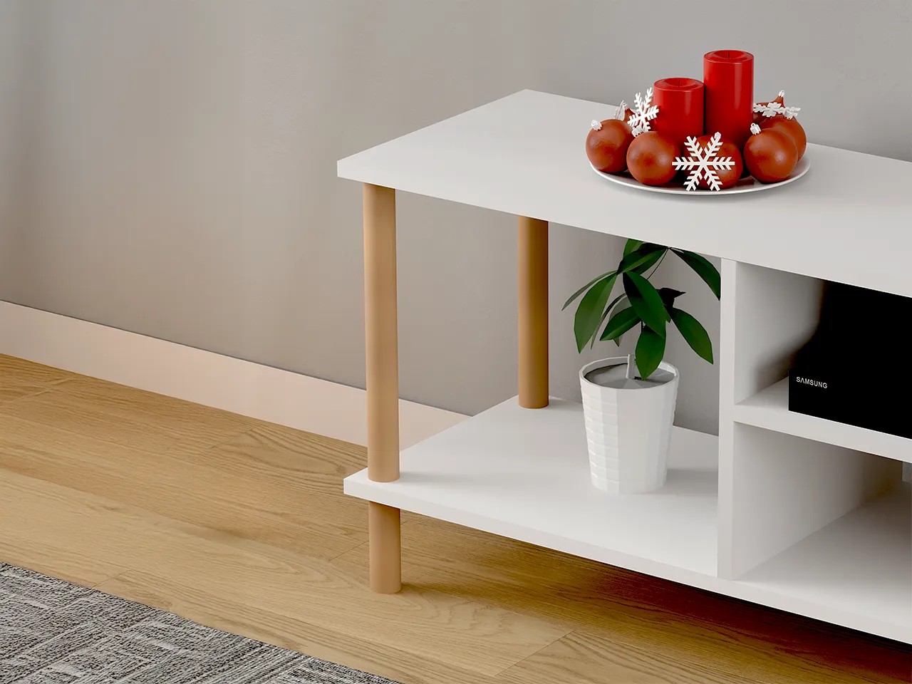TİVO Modern Televizyon Sehpası 120 cm | Ahşap Ayaklı Raflı Tv Sehpası - Beyaz