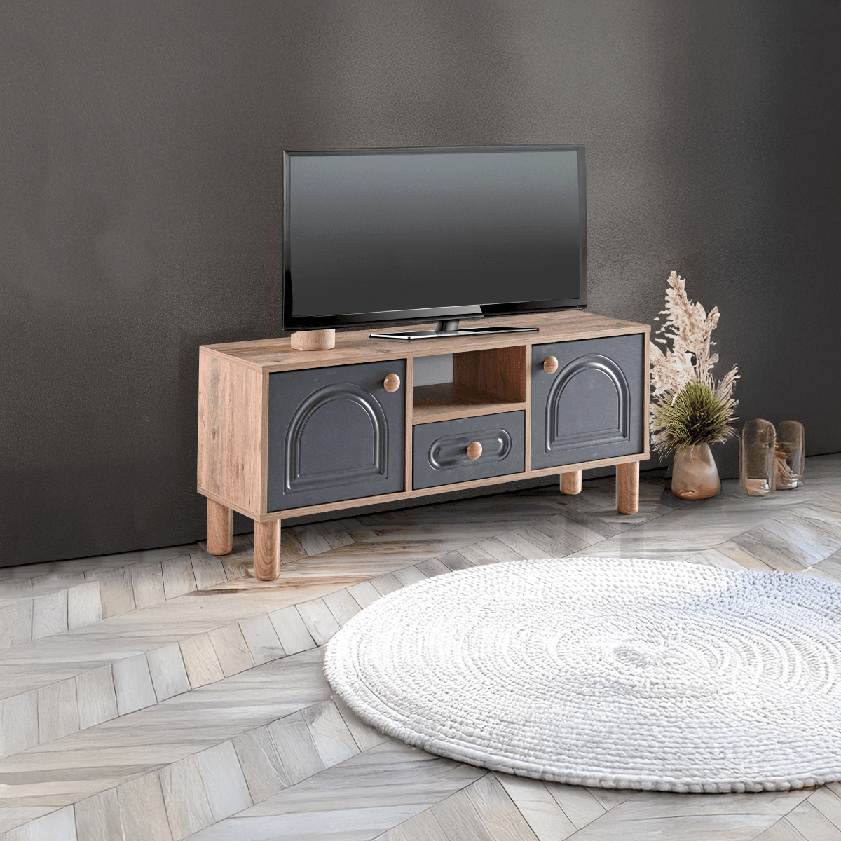 BOHEM Televizyon Sehpası 120 cm | 3 Kapaklı Tv Sehpası - Çam - Antrasit