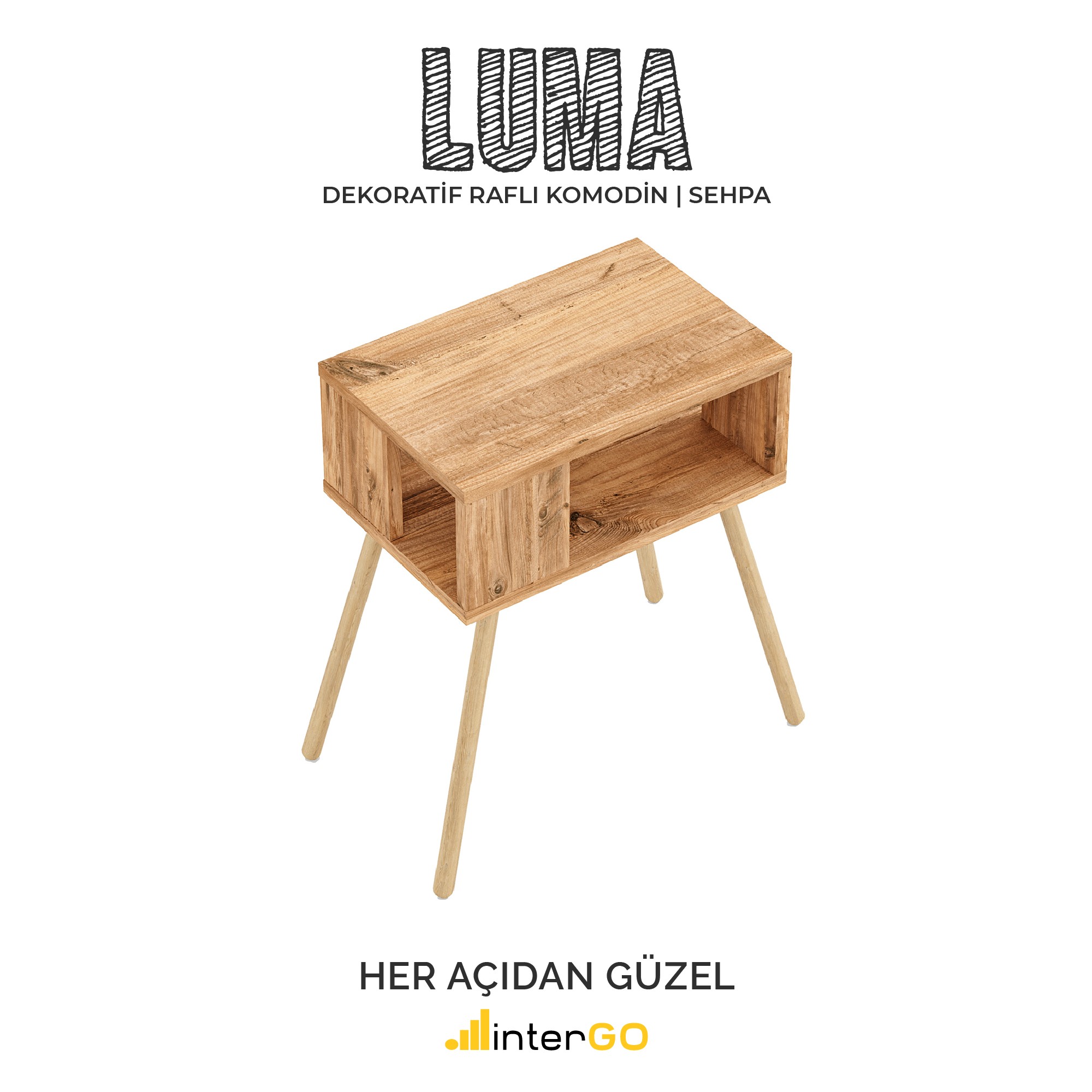 LUMA | Raflı Komodin | Ahşap Ayaklı Dekoratif