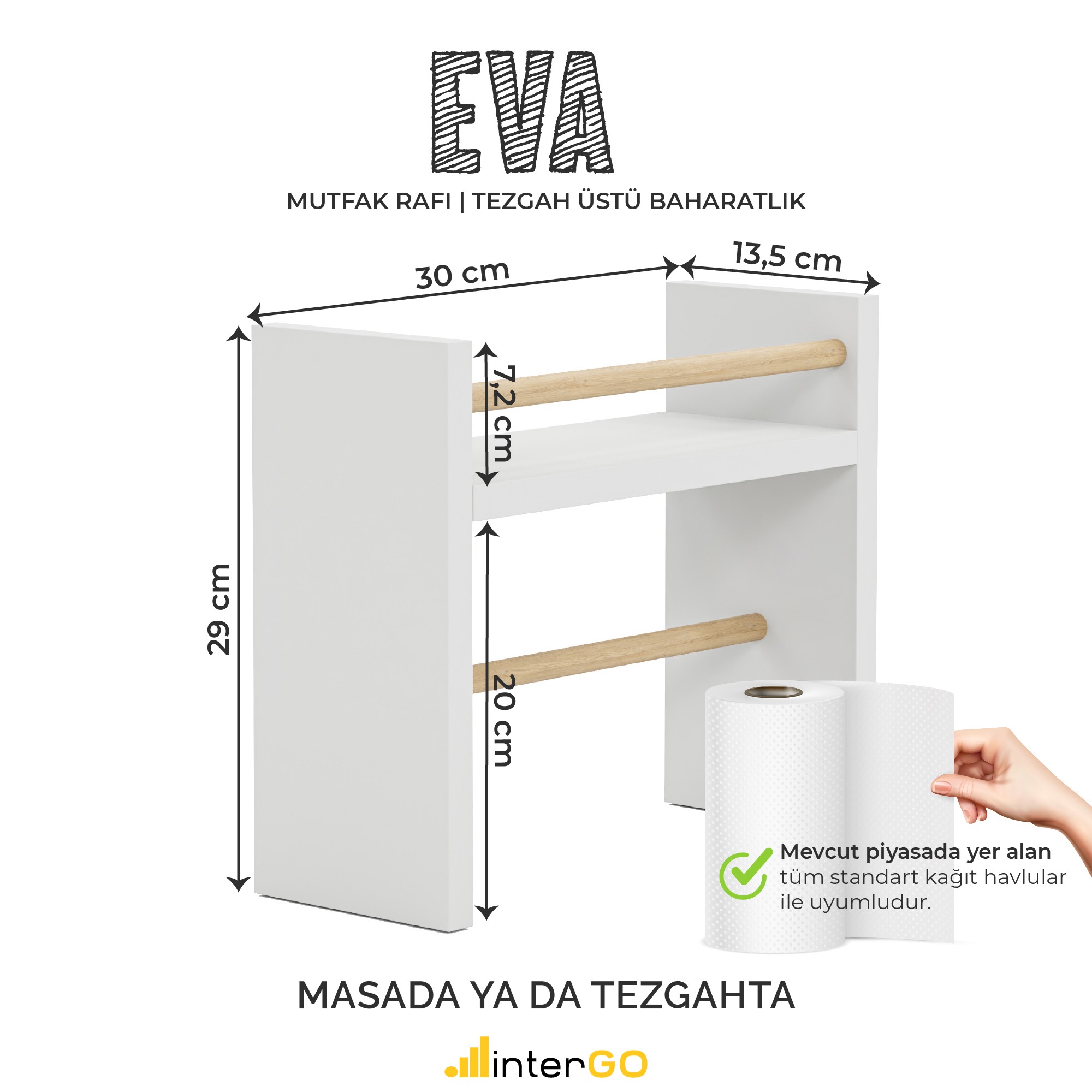 EVA | Mutfak Rafı | Baharatlık | Rulo Havlu Takılabilir | Tezgah Üstü - Beyaz