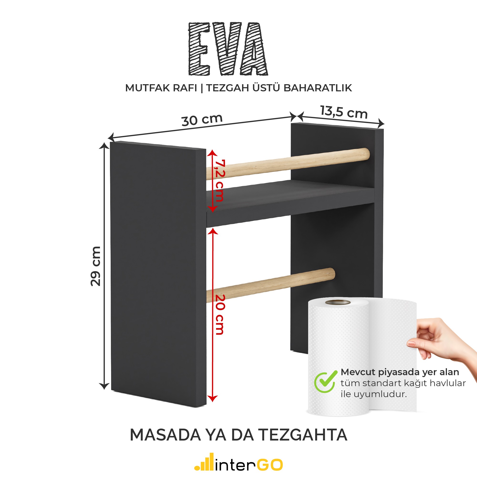 EVA | Mutfak Rafı | Baharatlık | Rulo Havlu Takılabilir | Tezgah Üstü - Antrasit Gri