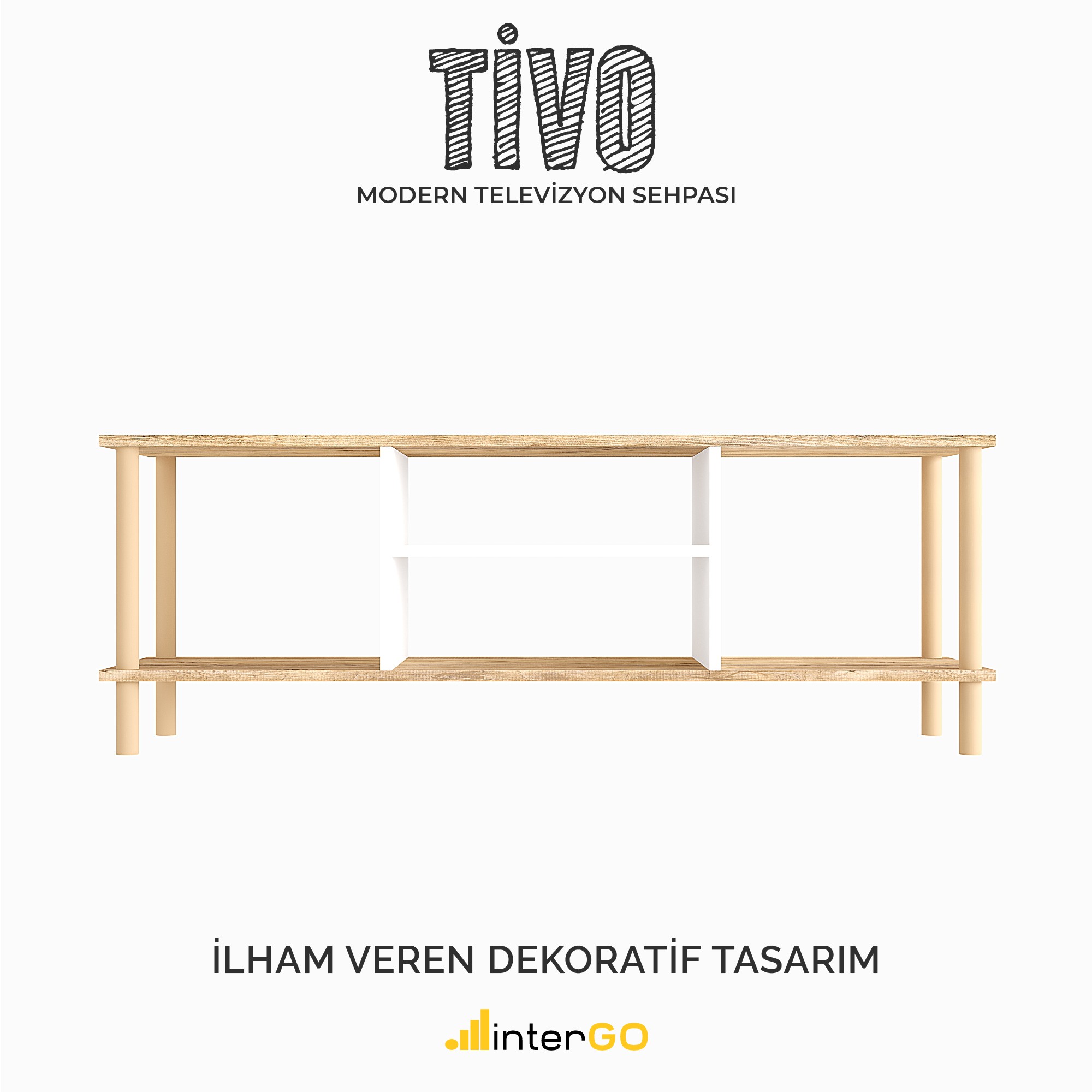 TİVO Modern Televizyon Sehpası 120 cm | Ahşap Ayaklı Raflı Tv Sehpası - Çam - Beyaz
