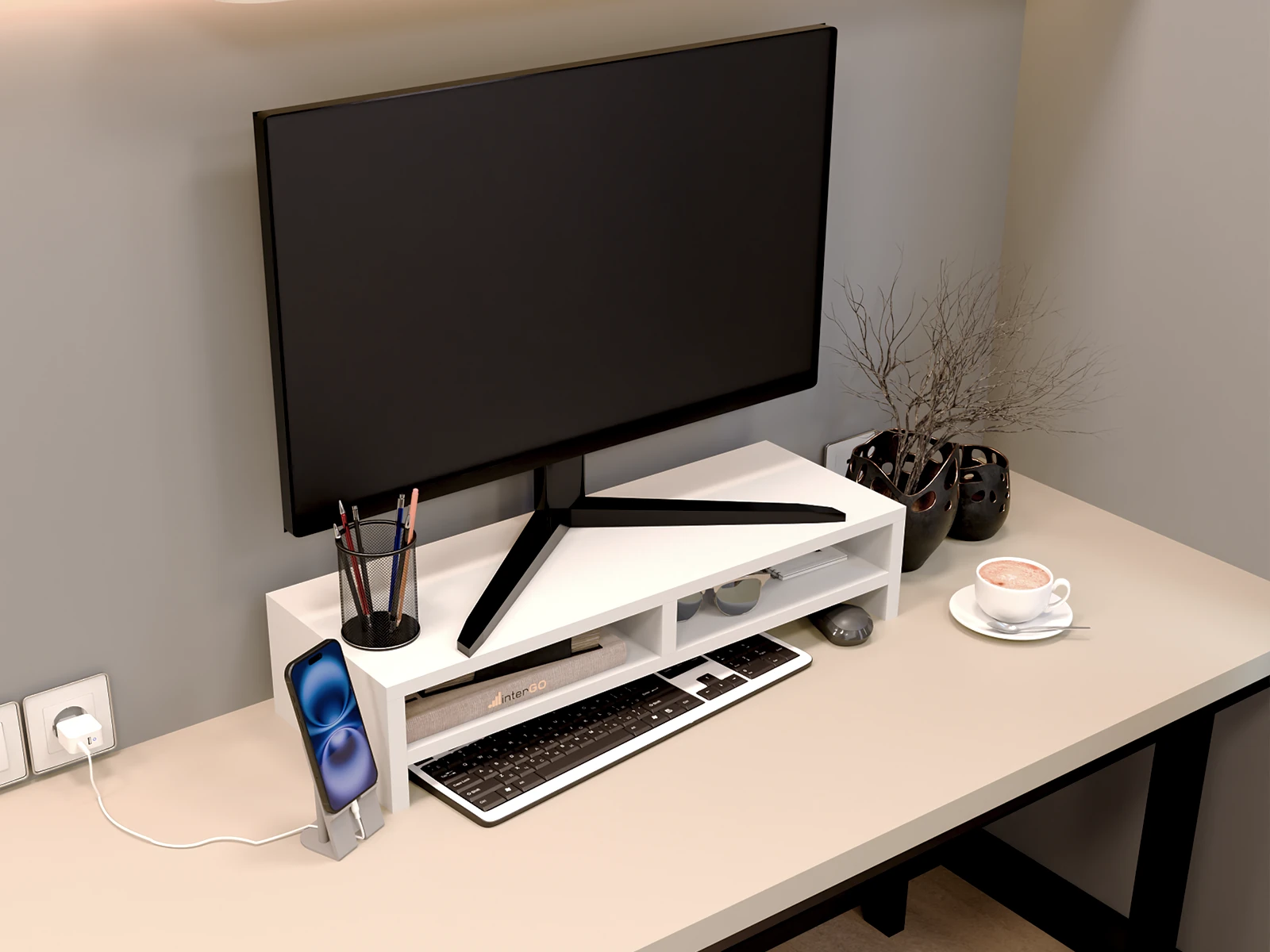 UPPA Masaüstü Organizer Set / TV-Monitör Yükseltici Stand - Beyaz