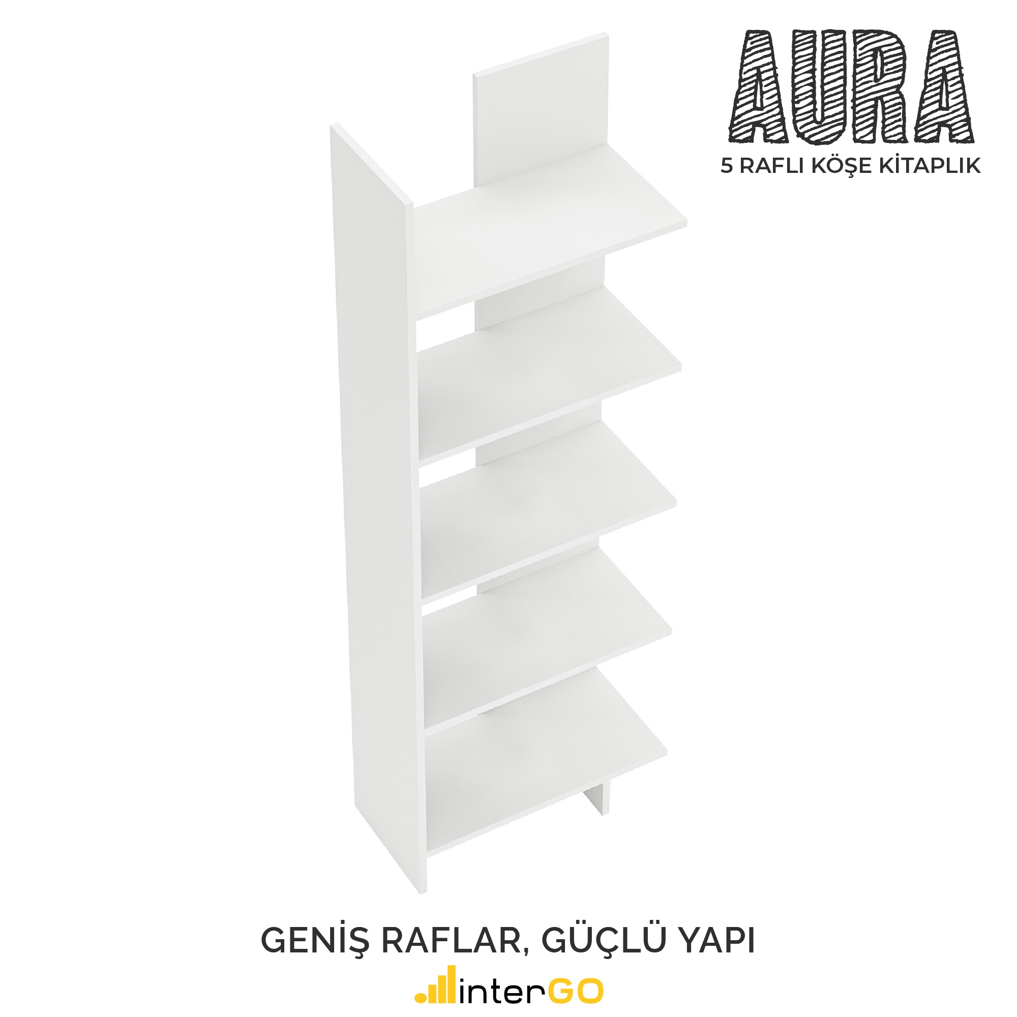 AURA 5 Raflı Kitaplık | Köşe Kitaplık | Asimetrik - Beyaz