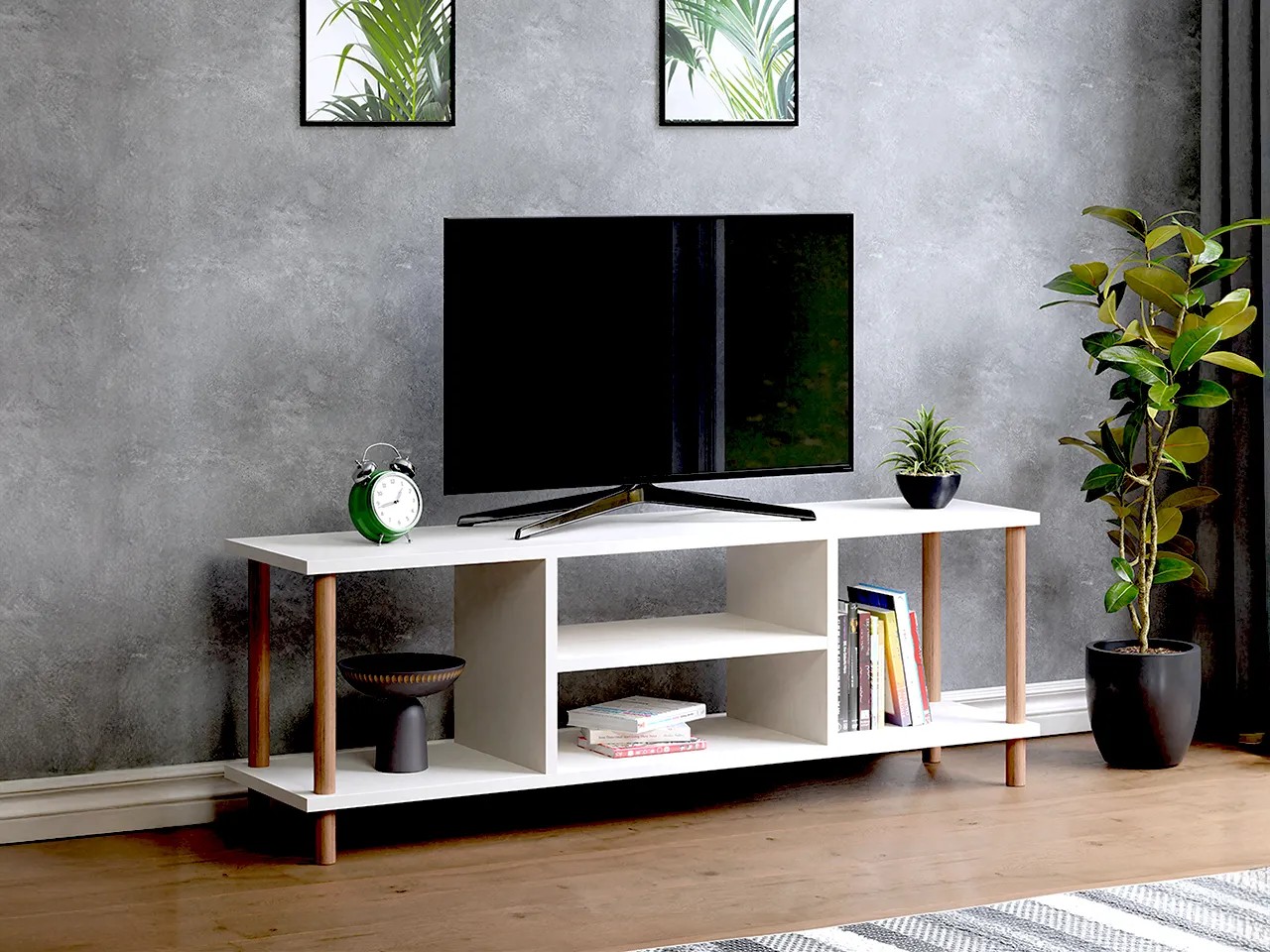 TİVO Modern Televizyon Sehpası 120 cm | Ahşap Ayaklı Raflı Tv Sehpası - Beyaz