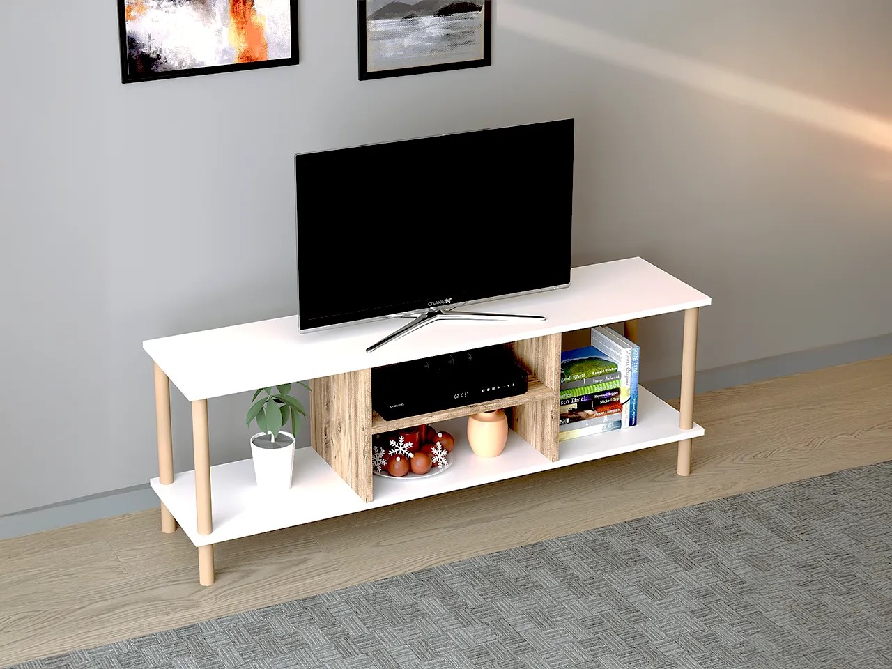 TİVO Modern Televizyon Sehpası 120 cm | Ahşap Ayaklı Raflı Tv Sehpası - Beyaz - Çam