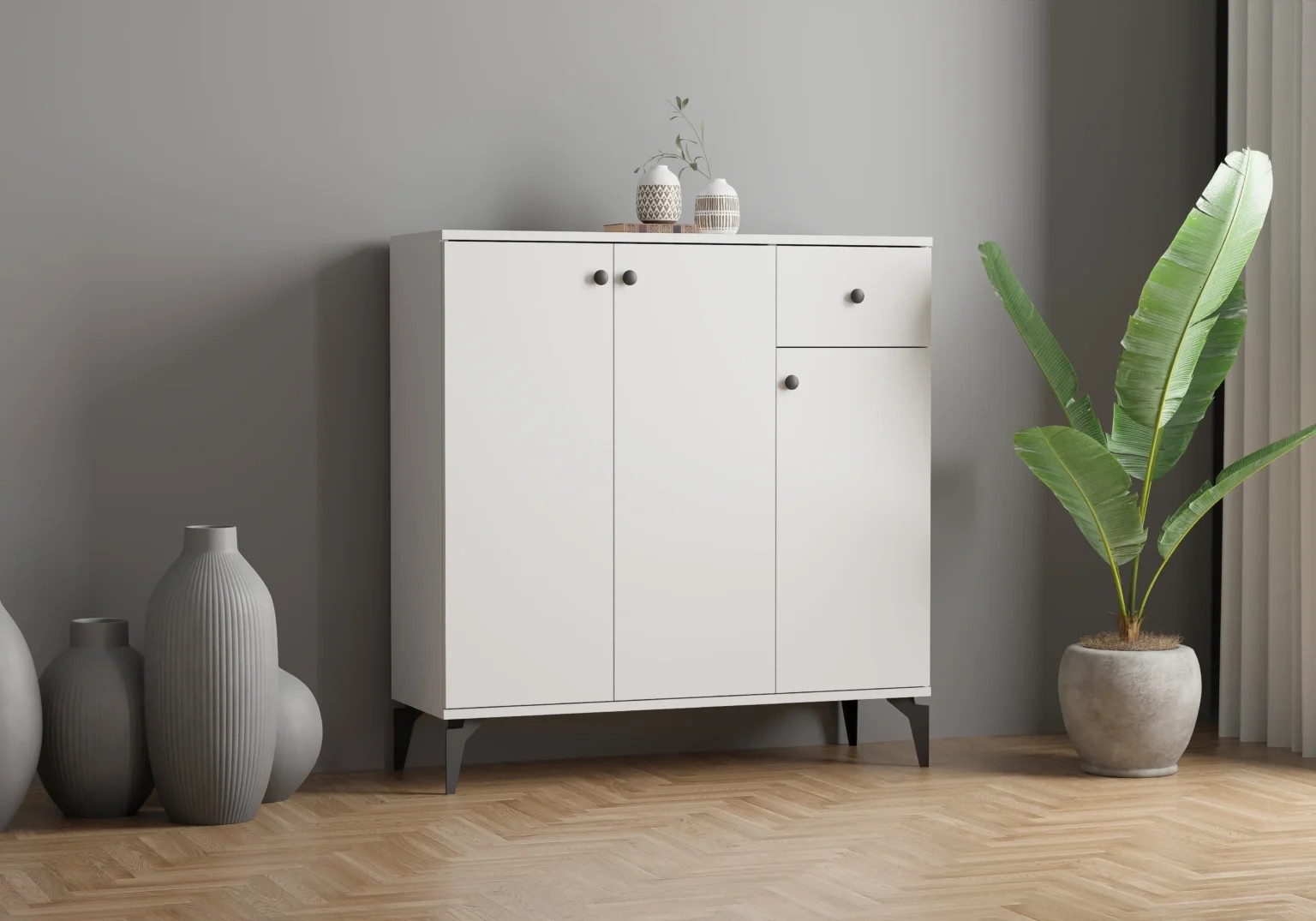 ANTO XL 3 Kapaklı Antre Dolabı | Çok Amaçlı Raflı Dolap | 105 cm Modern Ayakkabılık Vestiyer - Beyaz