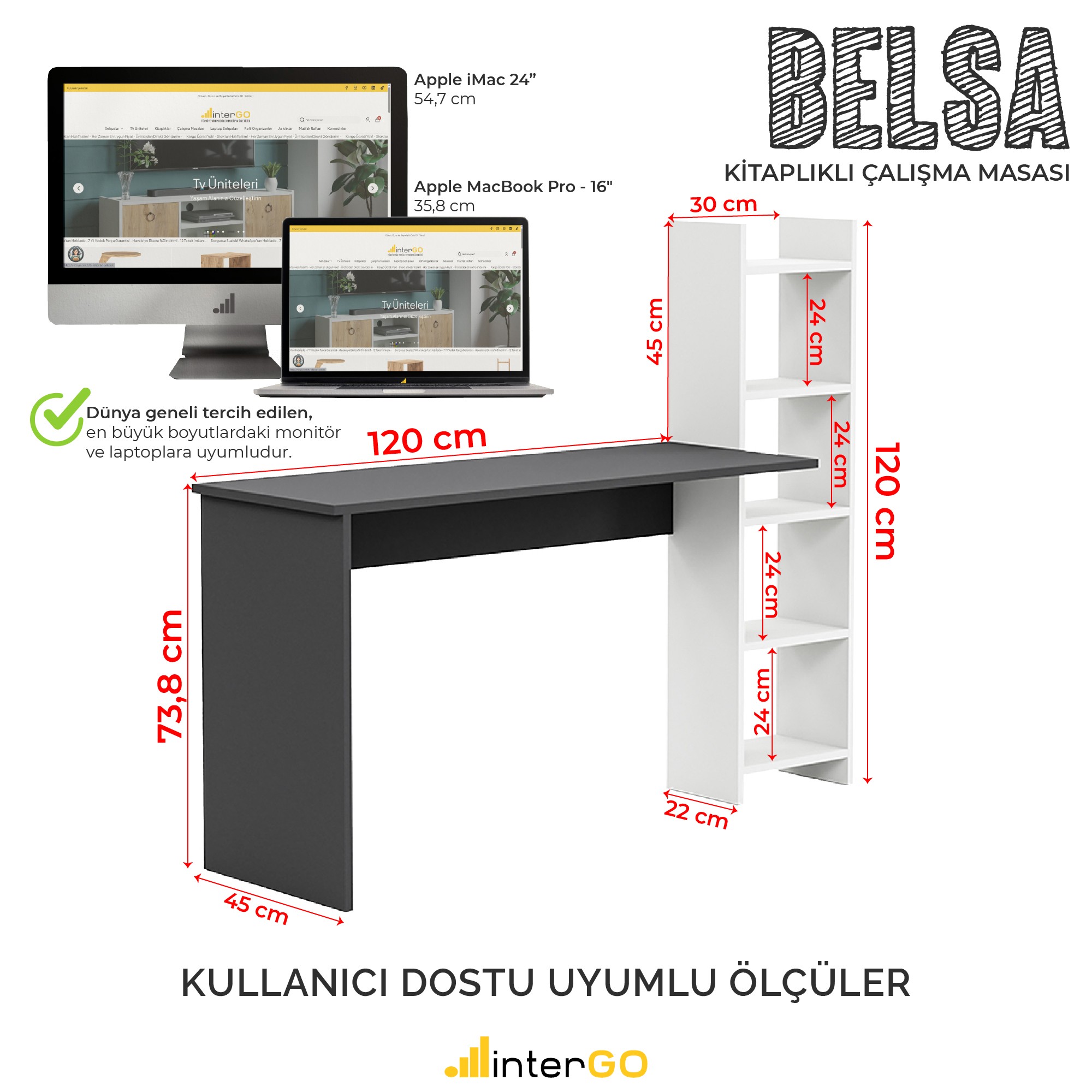 BELSA | Kitaplıklı Çalışma Masası - Gri - Beyaz