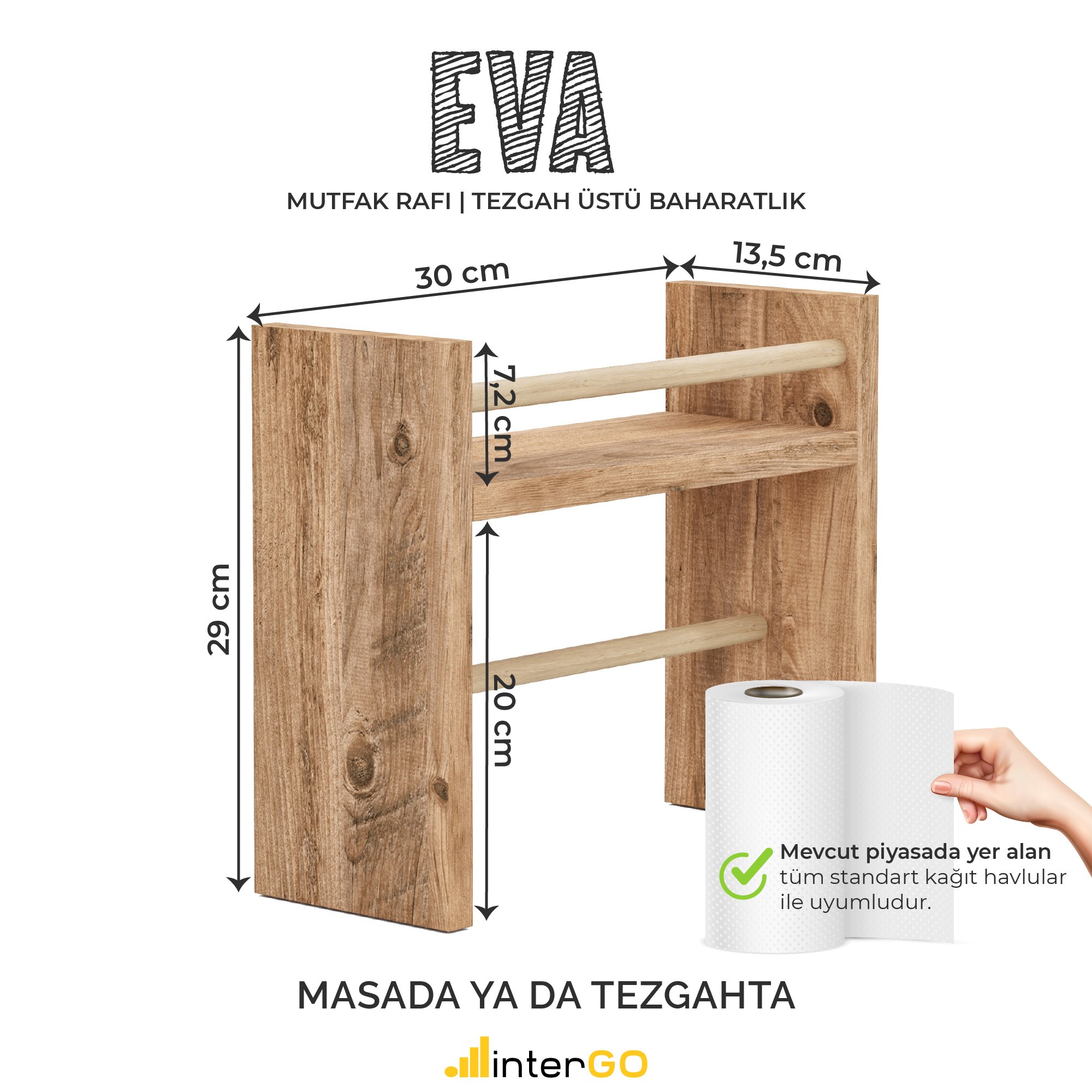 EVA | Mutfak Rafı | Baharatlık | Rulo Havlu Takılabilir | Tezgah Üstü