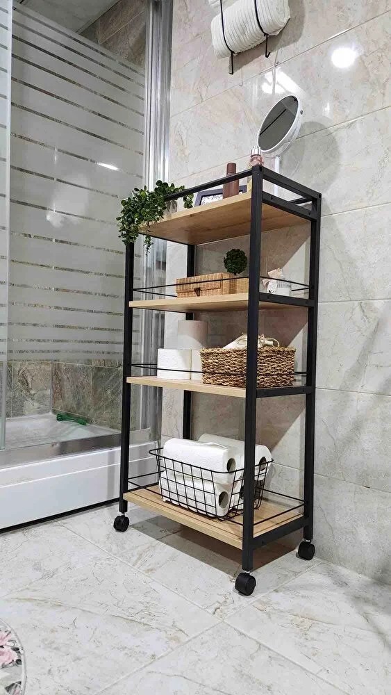 NEVA| Tekerlekli Metal Kiler Düzenleyici | 4 Raflı Kiler Banyo Metal Organizer - Çam