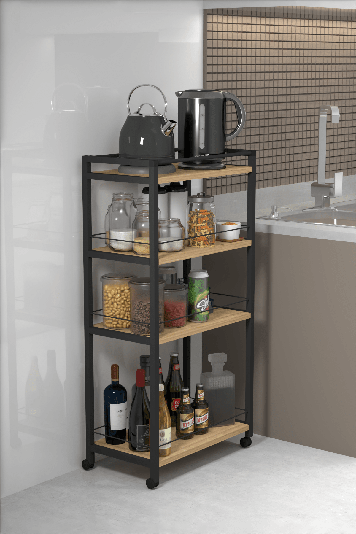 NEVA| Tekerlekli Metal Kiler Düzenleyici | 4 Raflı Kiler Banyo Metal Organizer - Çam
