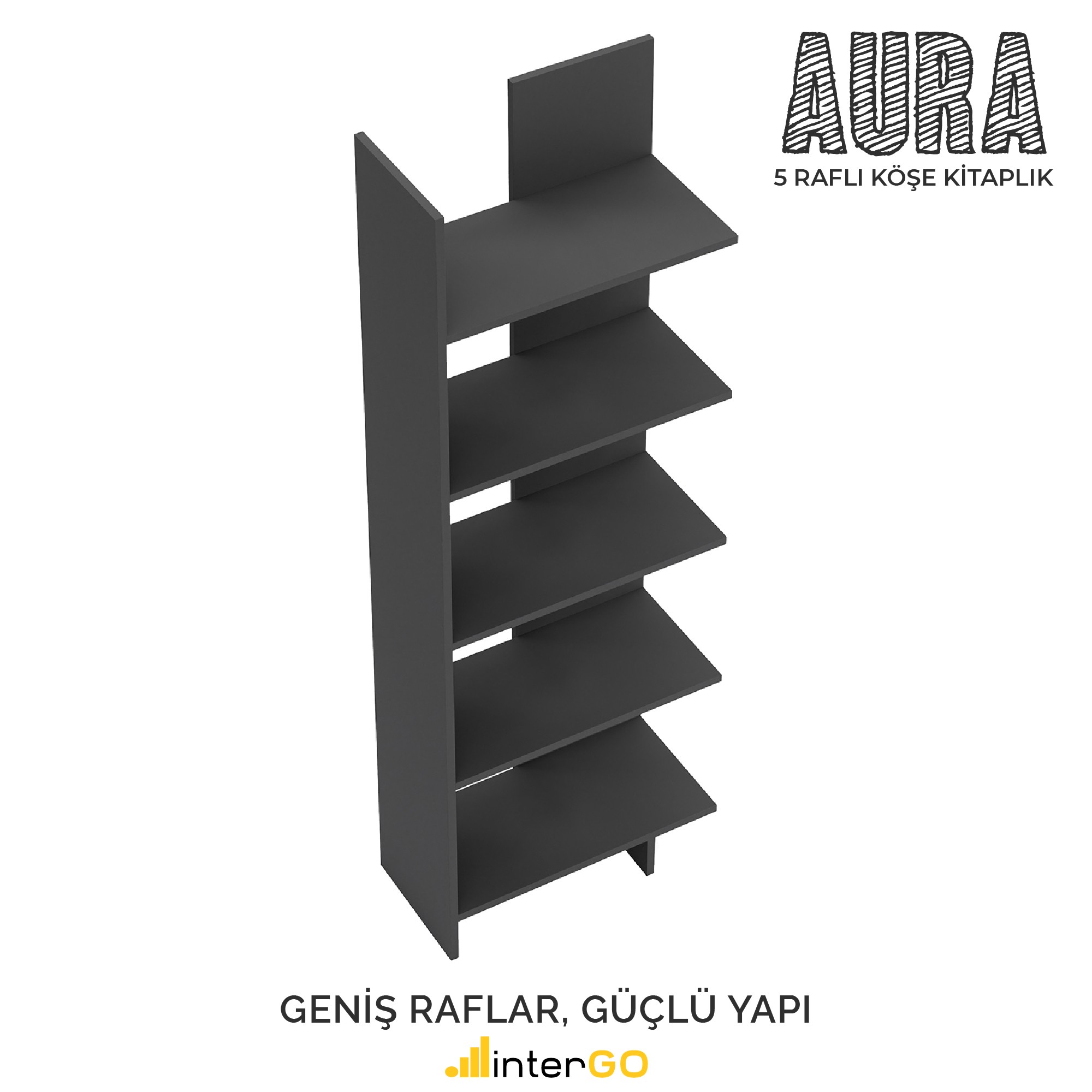 AURA 5 Raflı Kitaplık | Köşe Kitaplık | Asimetrik - Antrasit