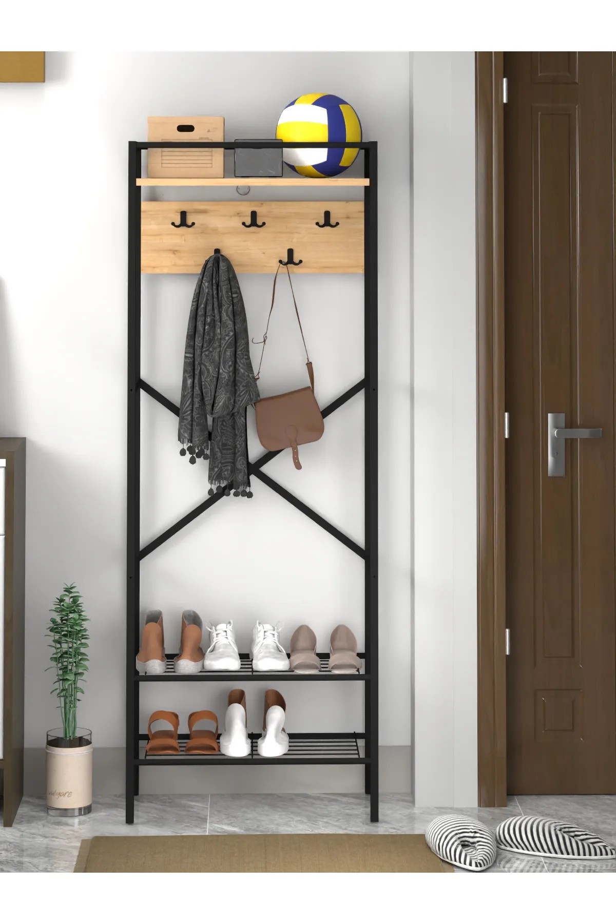 PORTO | Metal Portmanto | Vestiyer Ayakkabılık | 3 Raflı Askılı Portmanto - Çam