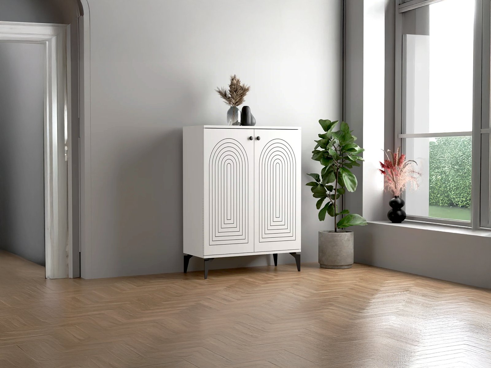 LATO Kapaklı Antre Dolabı | Çok Amaçlı Raflı Dolap | 80 cm Baskılı Bohem Ayakkabılık - Beyaz