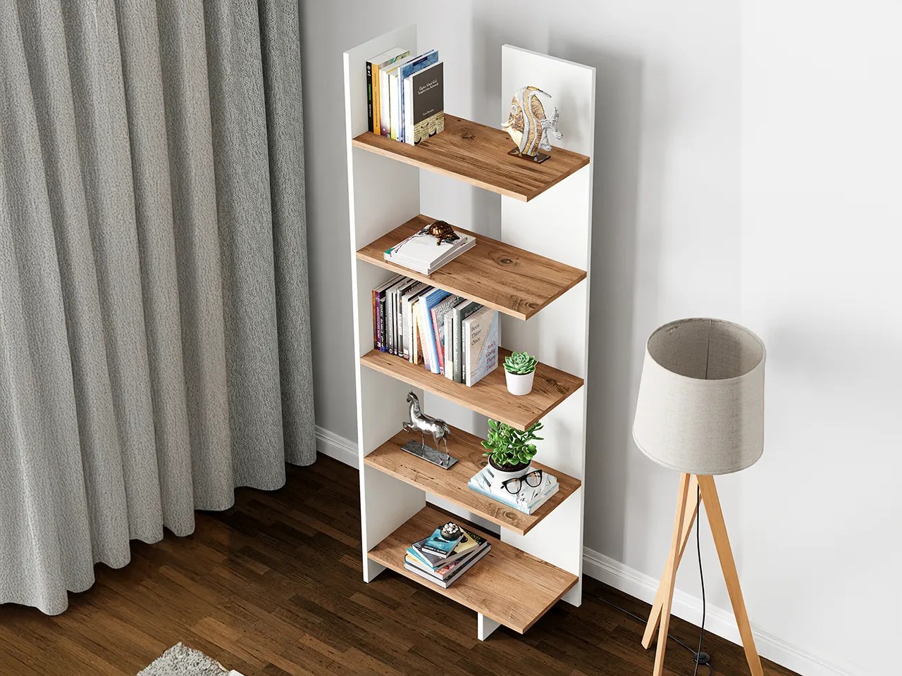 AURA 5 Raflı Kitaplık | Köşe Kitaplık | Asimetrik - Beyaz - Çam