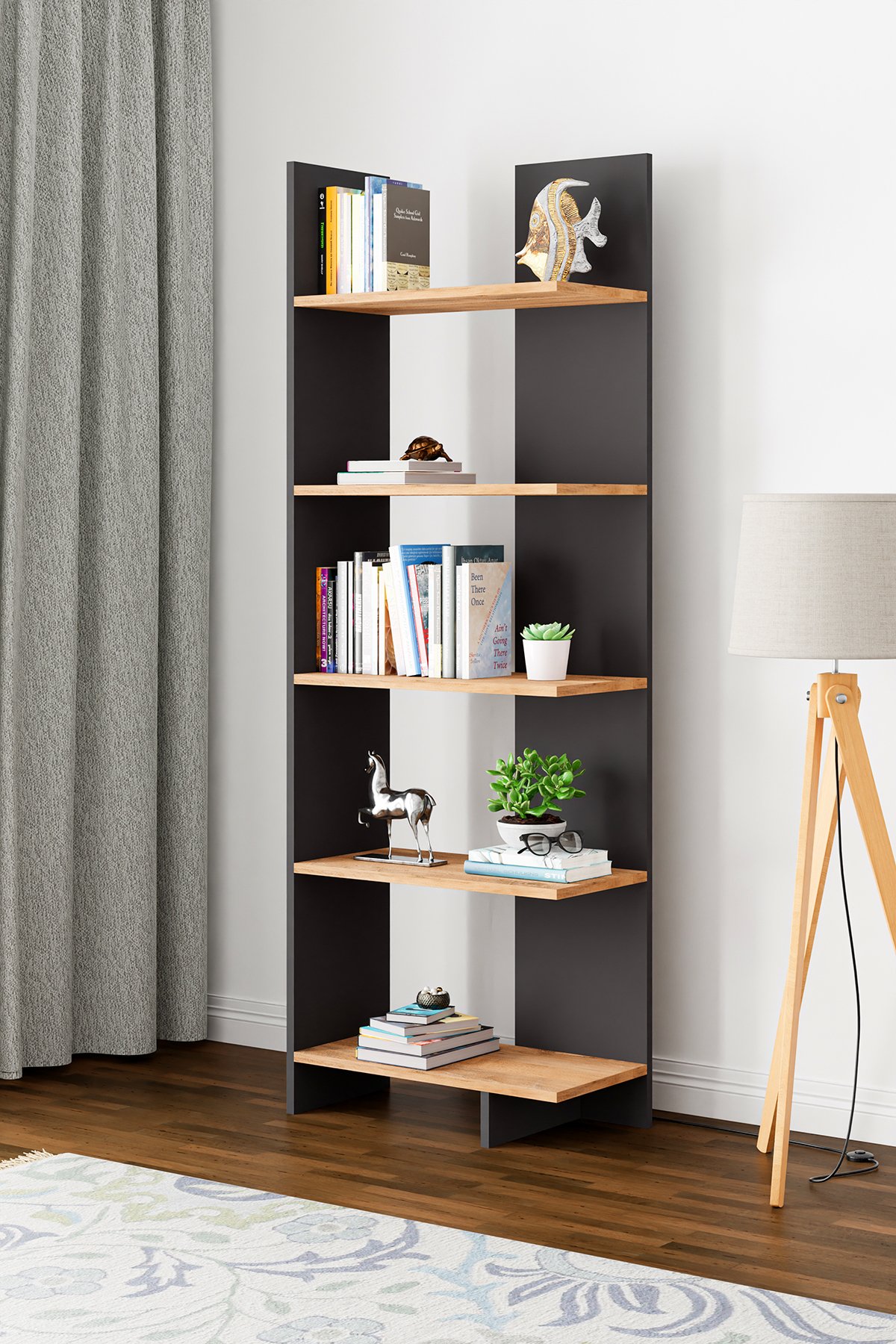 AURA | Köşe Kitaplık| 5 Raflı - Organizer - Antrasit - Atlantik Çam