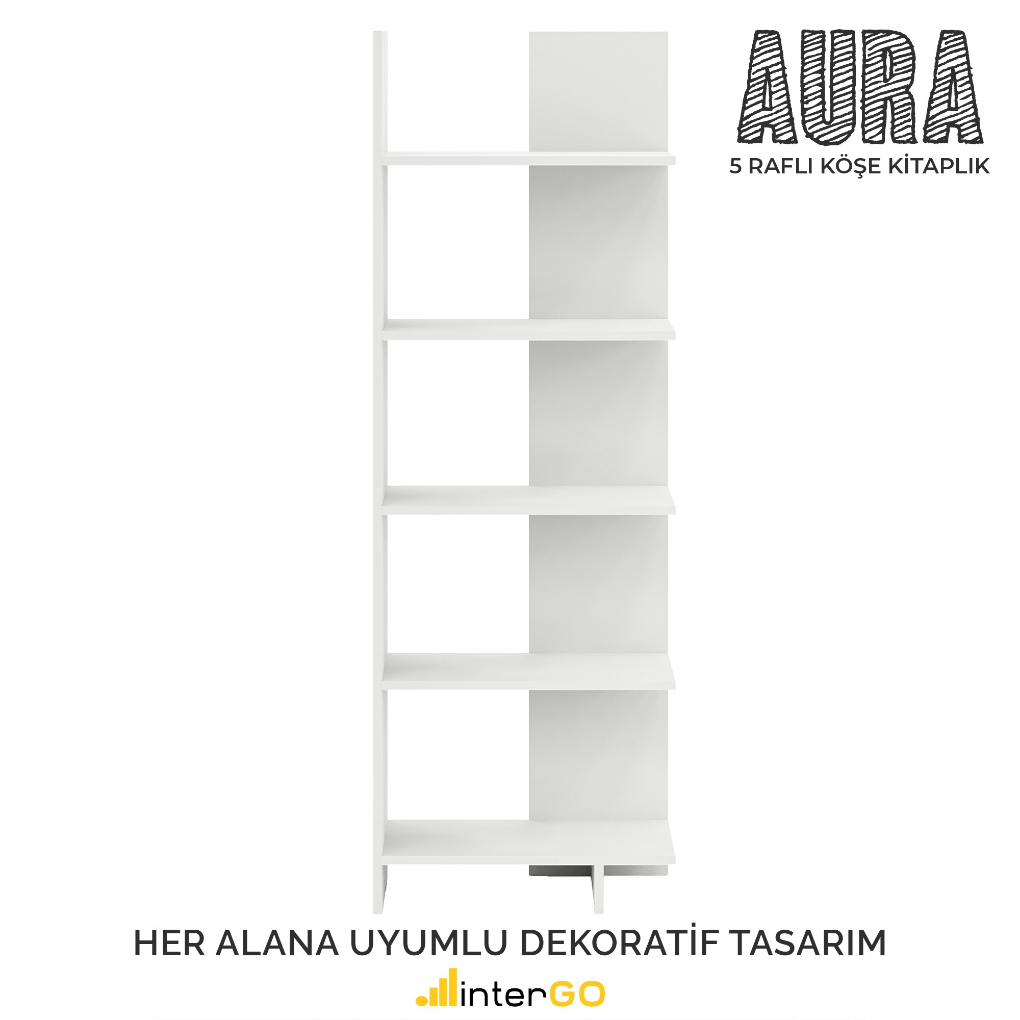 AURA 5 Raflı Kitaplık | Köşe Kitaplık | Asimetrik - Beyaz