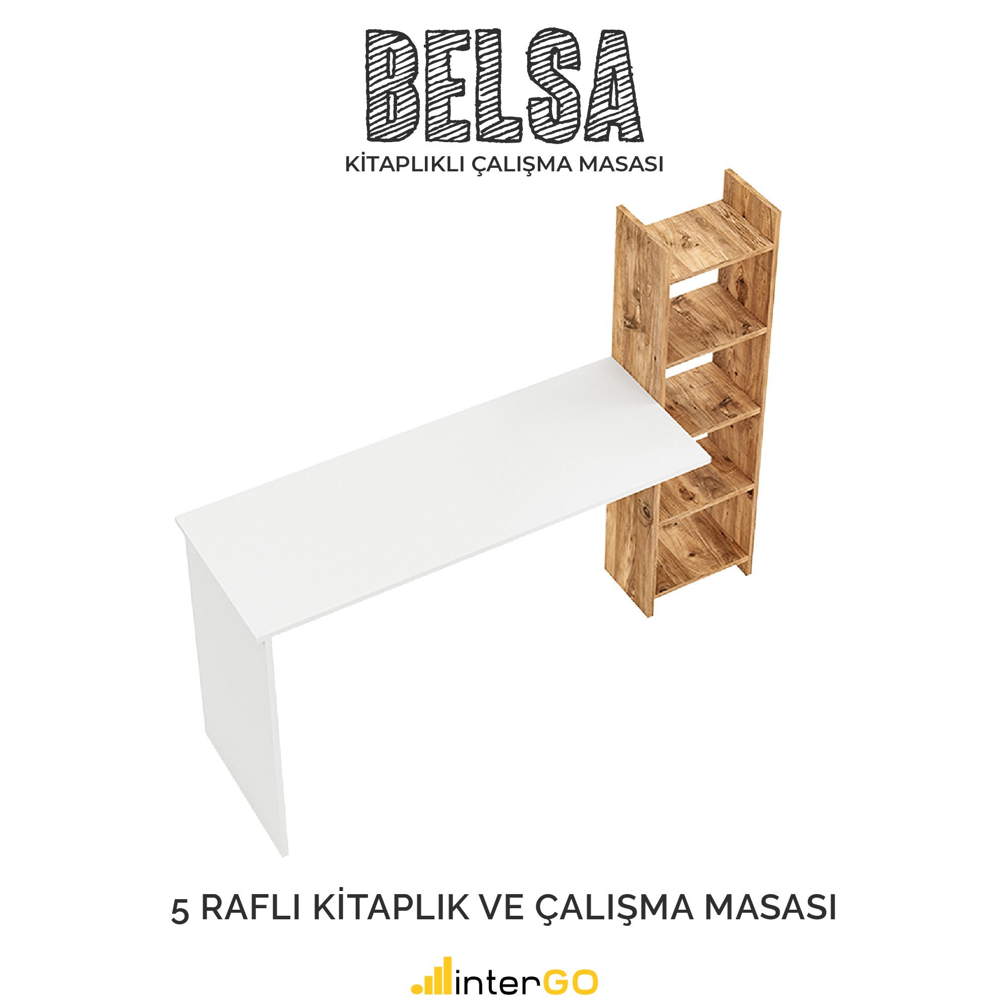 BELSA | Kitaplıklı Çalışma Masası - Beyaz - Atlantik Çam