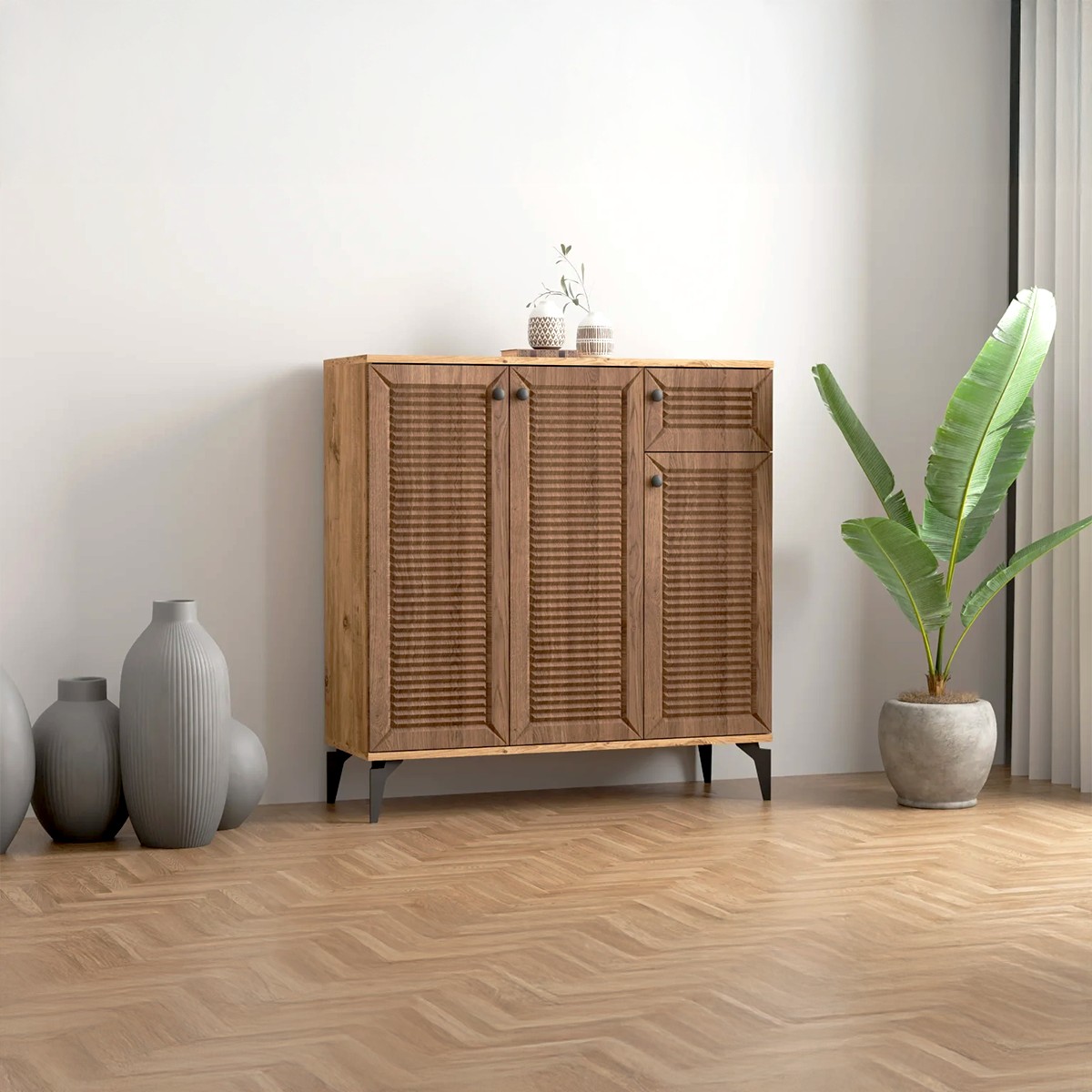VERTA XL 3 Kapaklı Antre Dolabı | Çok Amaçlı Raflı Dolap | 105 cm MDF Kapaklı Bohem Ayakkabılık - Çam - Ceviz