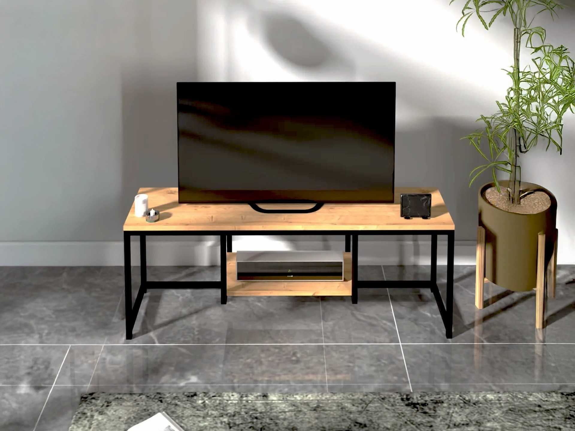 META Metal Tv Sehpası 120 cm | Raflı Tv Ünitesi - Siyah